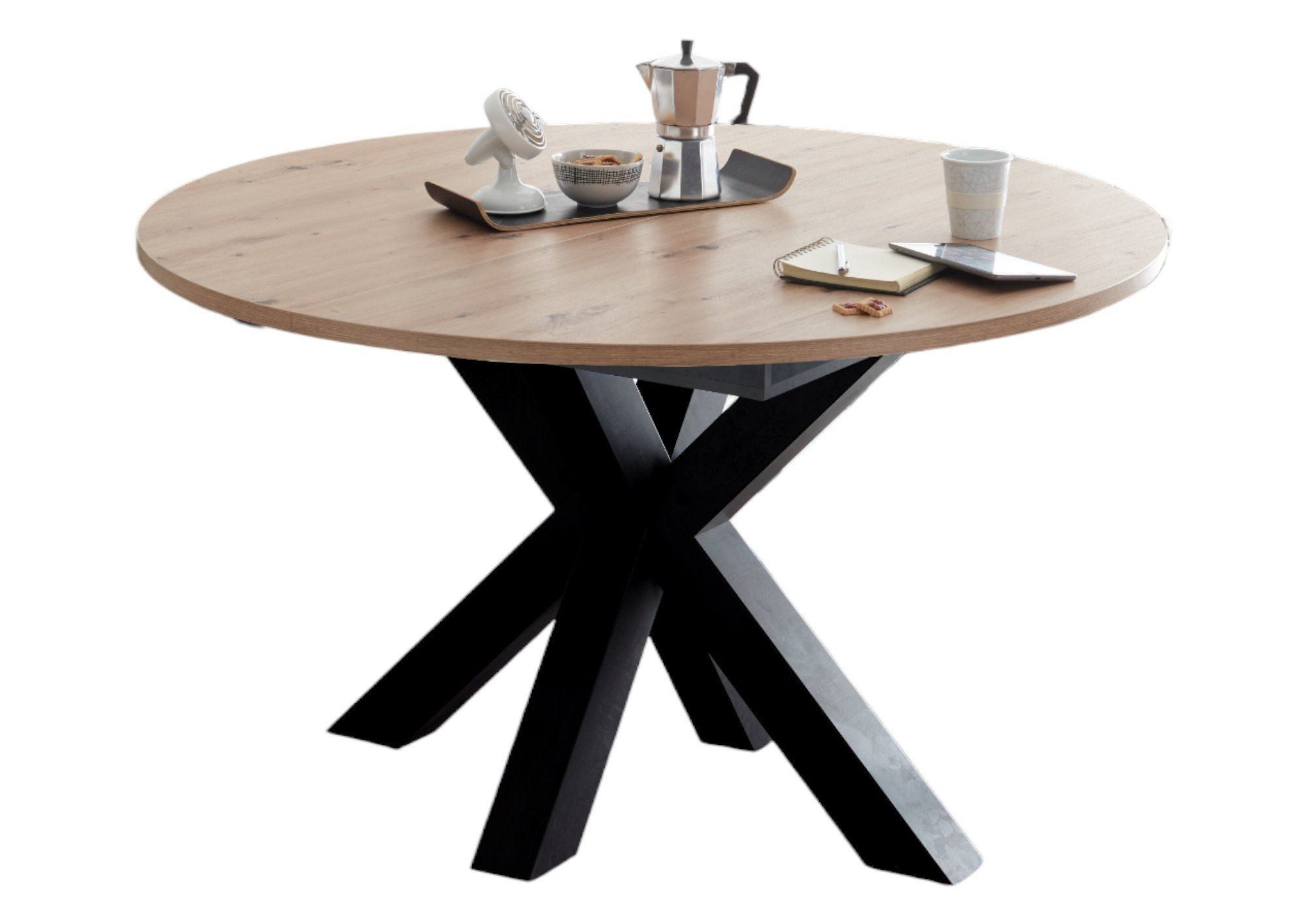 58 aufm Kessel Esstisch Rund ausziehbar Edda 9 Ø 110 cm Küchentisch Schwarzstahl/Asteiche (inkl. Lieferung, Esszimmertisch), Esszimmertisch erweiterbar auf 150 cm 4-Fuß Gestell in Sternfom