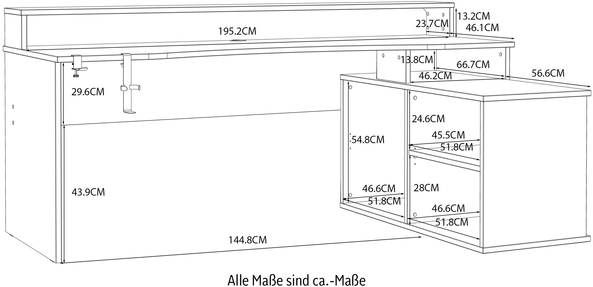 FORTE Gamingtisch Tezaur, mit RGB-Beleuchtung, Breite 200 cm, Eckschreibtisch