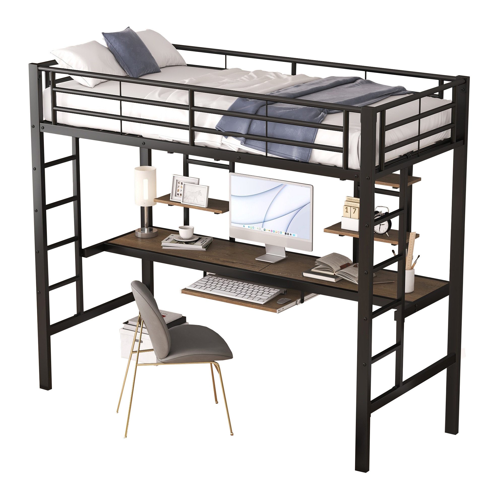 SOFTWEARY Hochbett mit Rausfallschutz und Lattenrost (90x200 cm) Metallbett günstig online kaufen