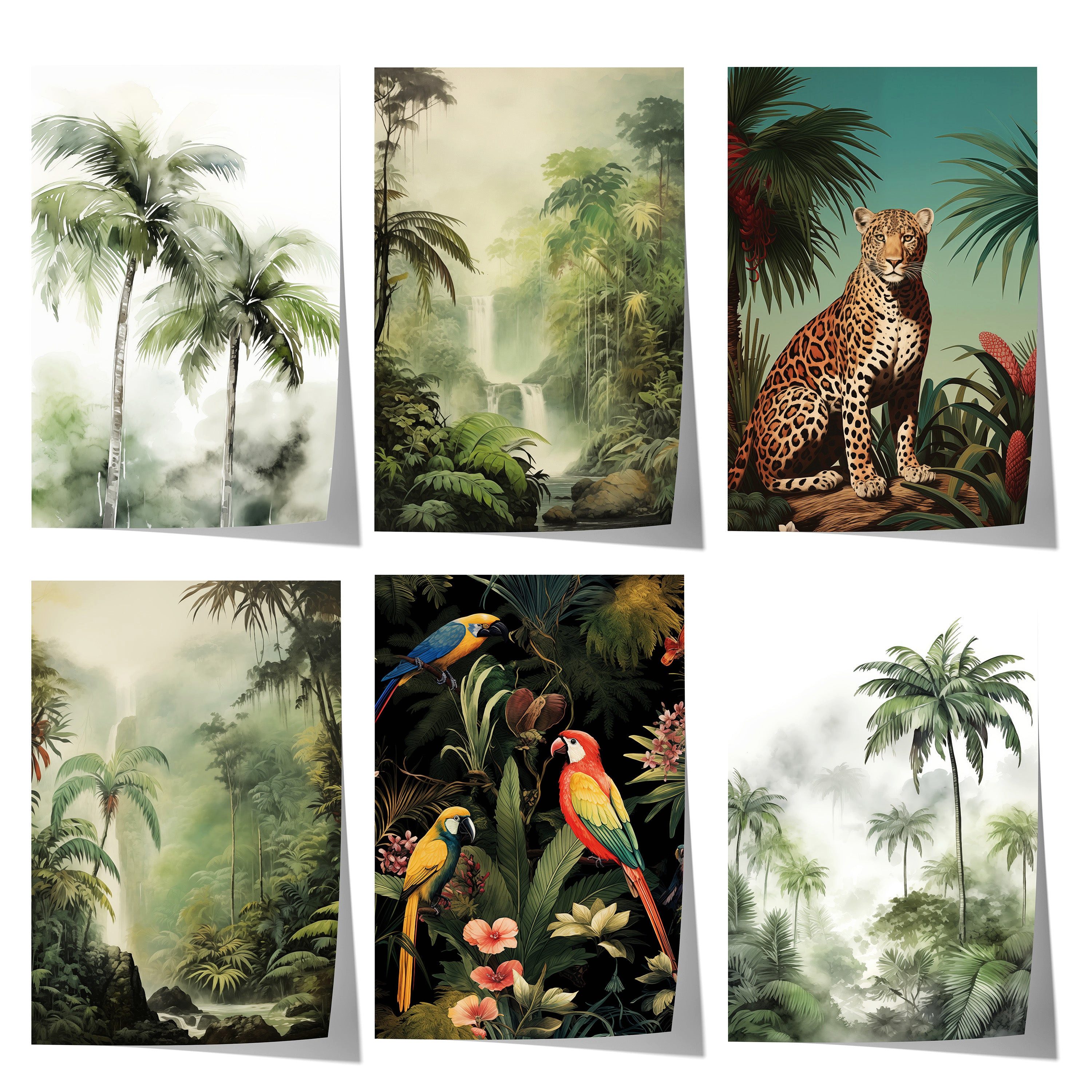 JUSTGOODMOOD Poster Dschungel Geschenkidee Tropischer Regenwald Palmen Papageien und Leopa, C (1 St)