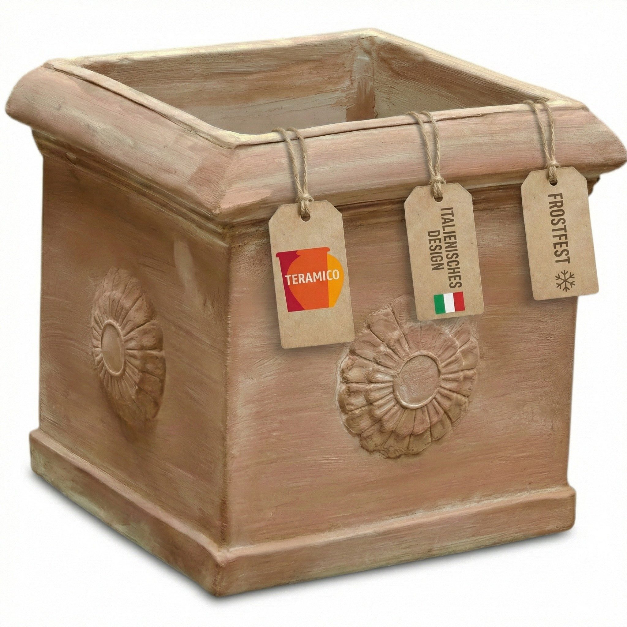 Teramico Blumentopf Pflanzgefäß Terrakotta "Cubo Rosone" 30cm frostfest (1 St), Frostfest, UV-Fest