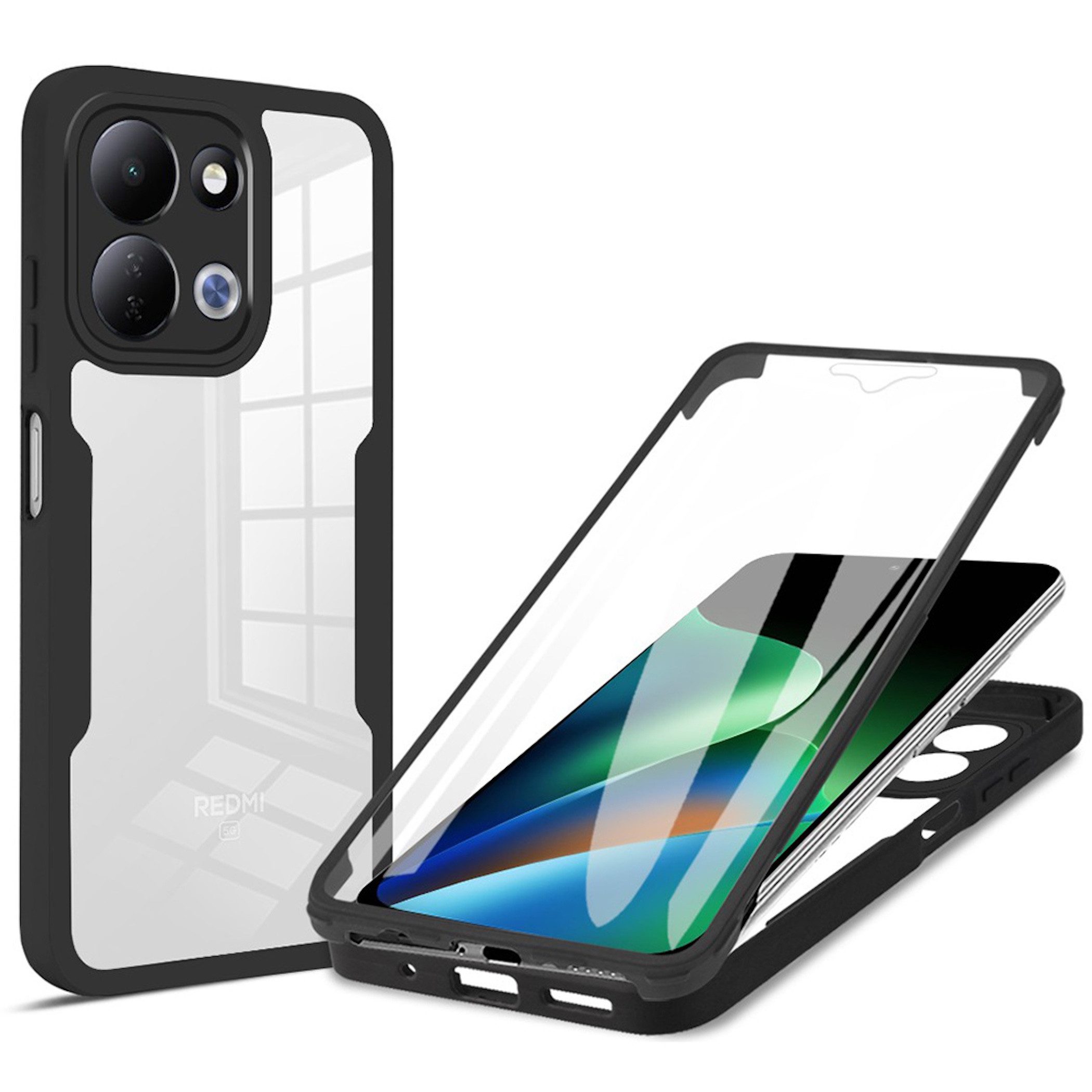 Wigento Handyhülle 360 Grad Xiaomi Redmi 17 5G / 4G Display Folie & Kameraschutz Schwarz 6,9 Zoll, 360 Grad Schutz, stoßdämpfend, robust, PET LCD Folie