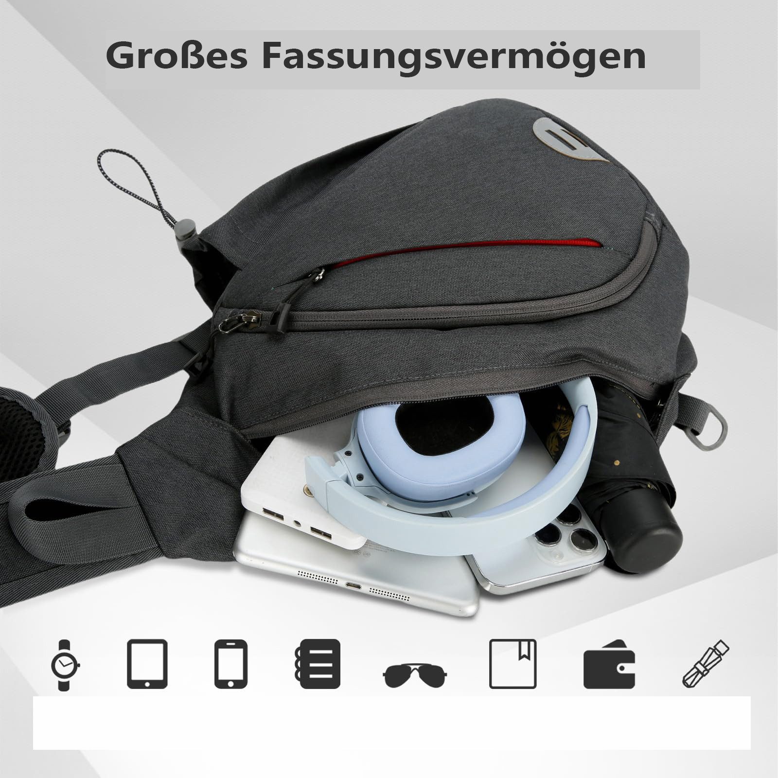 Zaewry Umhängetasche Sling Chest Crossbody Bag,Wasserdicht Schultertasche,mit Kopfhörerloch, Geeignet für Reisen, Fitnessstudio, Wandern, Büro, Radfahren usw.