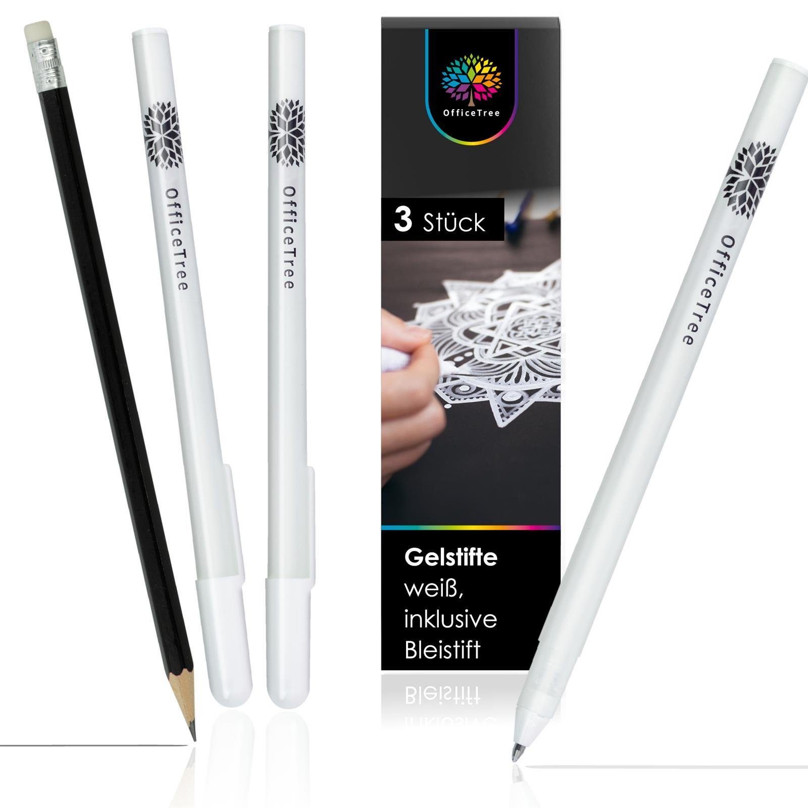 Radierer OfficeTree Gelstifte Weiß, 0,75 Set), + (3er mm feine Gelschreiber Spize Bleistift 3x mit je