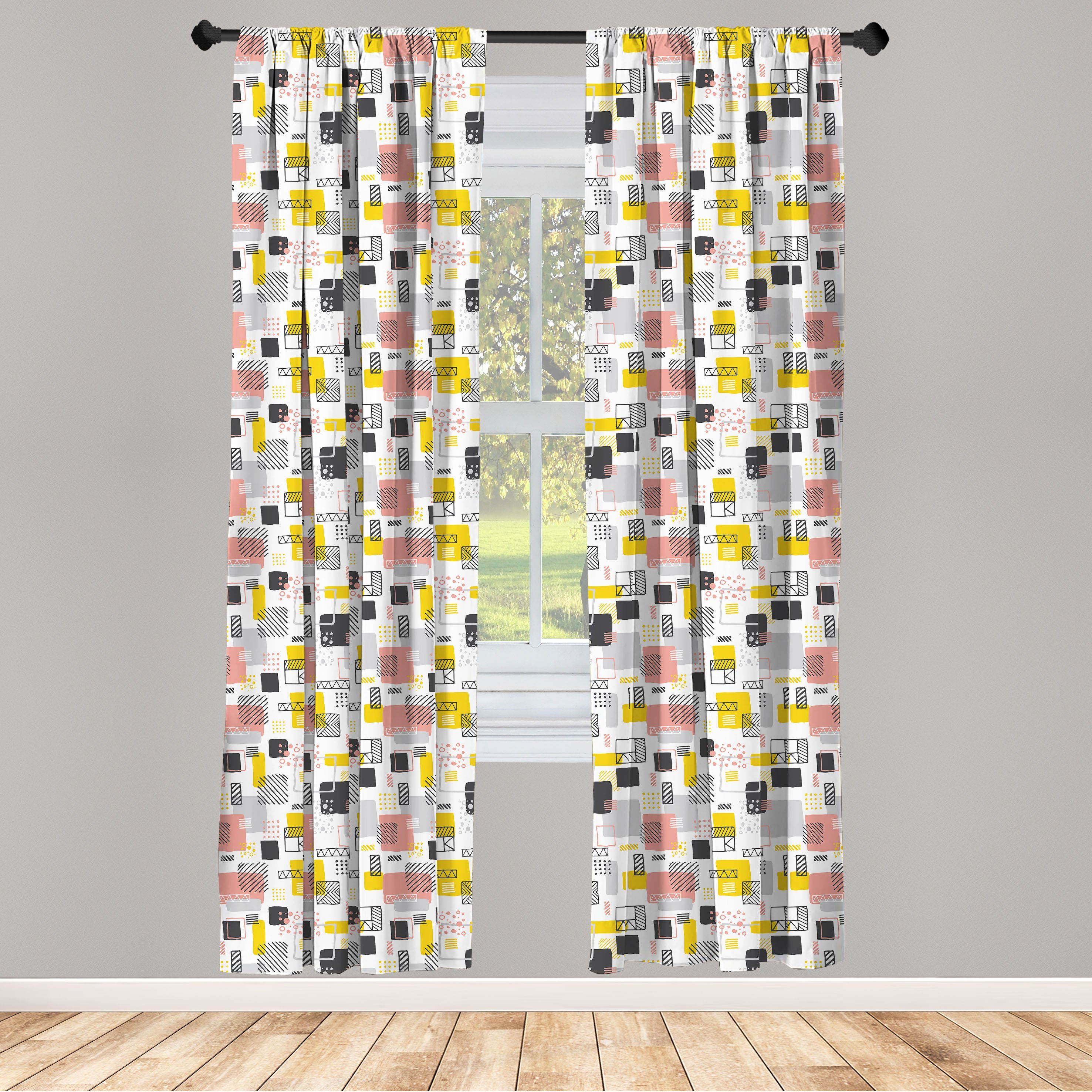 Gardine Vorhang für Wohnzimmer Schlafzimmer Dekor, Abakuhaus, Microfaser, Gekritzel Scrapbook Geometric Squares