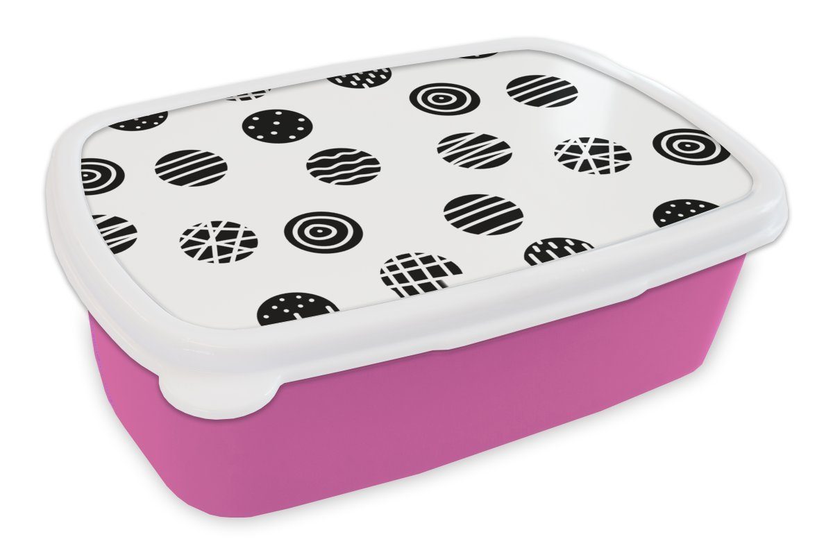 MuchoWow Lunchbox Muster - Punkte - Schwarz und Weiß, Kunststoff, (2-tlg), Brotbox für Erwachsene, Brotdose Kinder, Snackbox, Mädchen, Kunststoff rosa