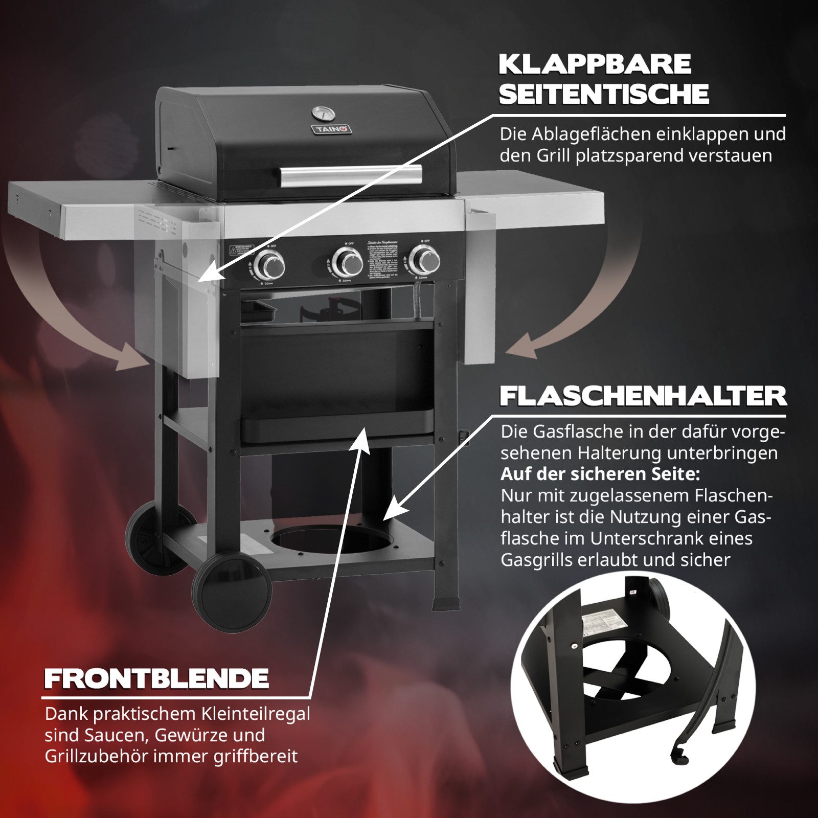TAINO Gasgrill, WABAYA 3+0, 3 Brenner, Piezozündung, klappbare Seitentische