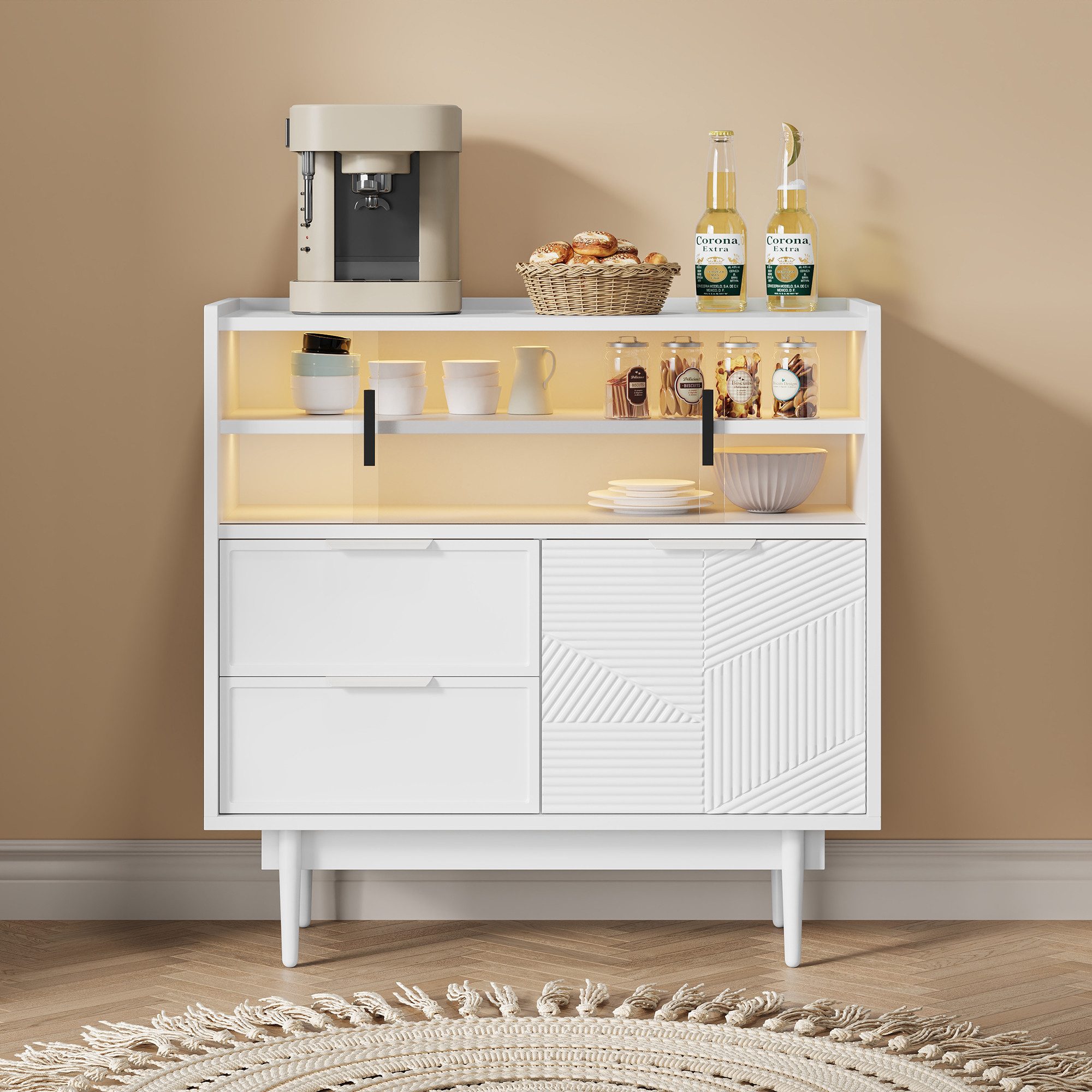 STILVORA Sideboard weiß Ablageschrank mit Lichtleiste Badezimmerschrank mit Glastür (Aufbewahrungsschrank, Buffetschrank,Sideboard-Buffet, Organizer, 1 St., 2 Schubladen, 3 Türen), mit Lichtleiste