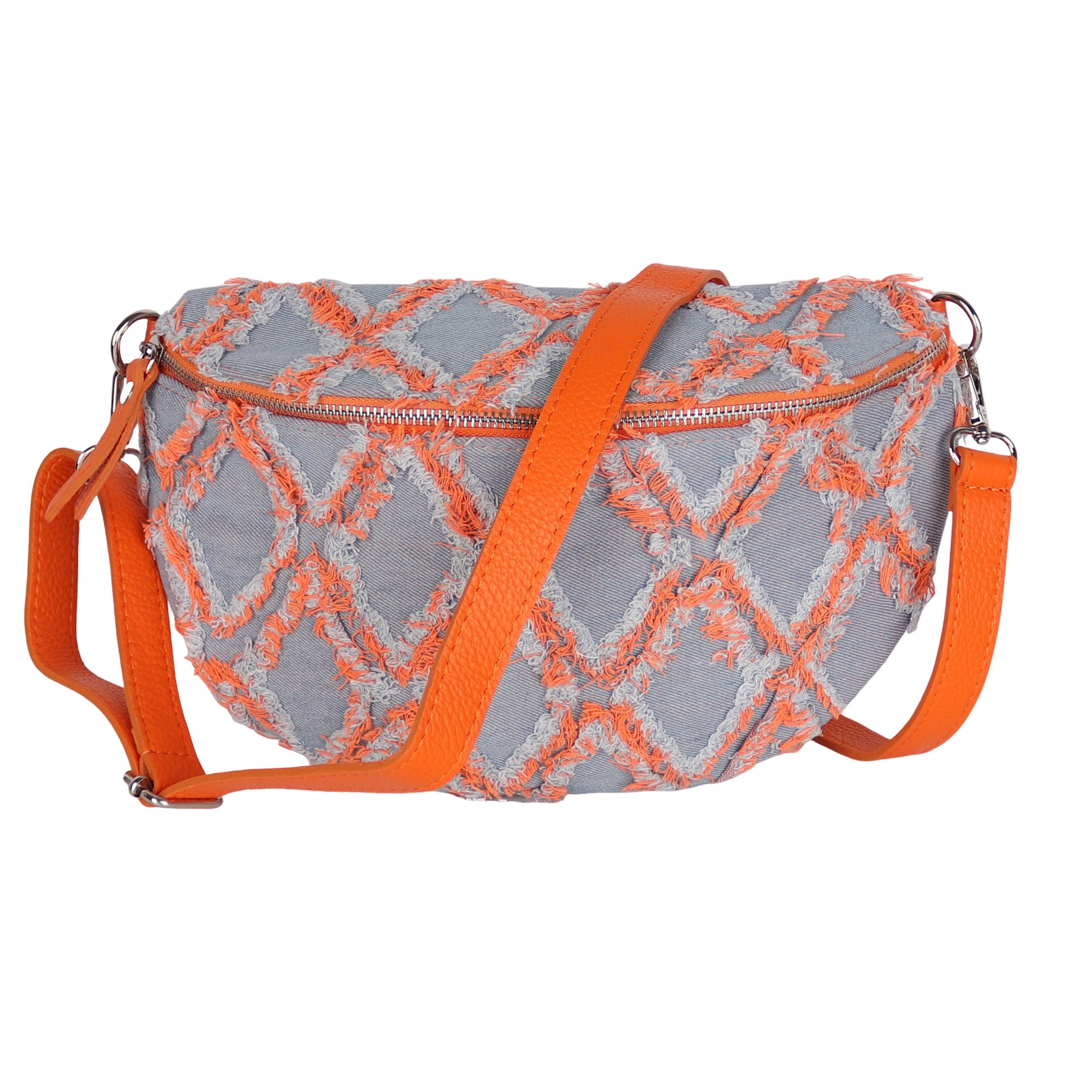 MIRROSI Bauchtasche Damen, Denim Jeans, Made in Italy, Umhängetasche, Brusttasche, (Schultertasche für jeden Anlass, (ca.28x18x9cm), Crossbody Bag, Schulterriemen Längenverstellbar