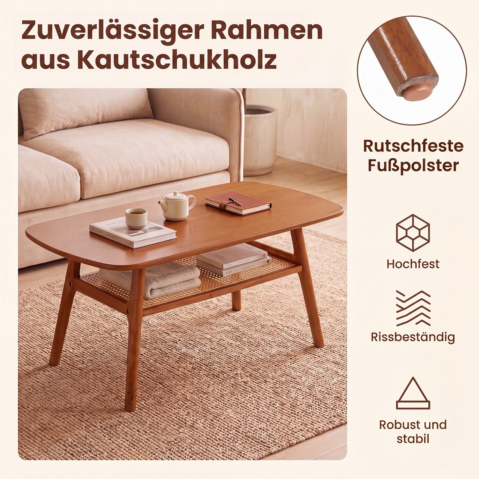 KOMFOTTEU Couchtisch Kaffeetisch Beistelltisch, mit Rattanablage, verstellbare Füße