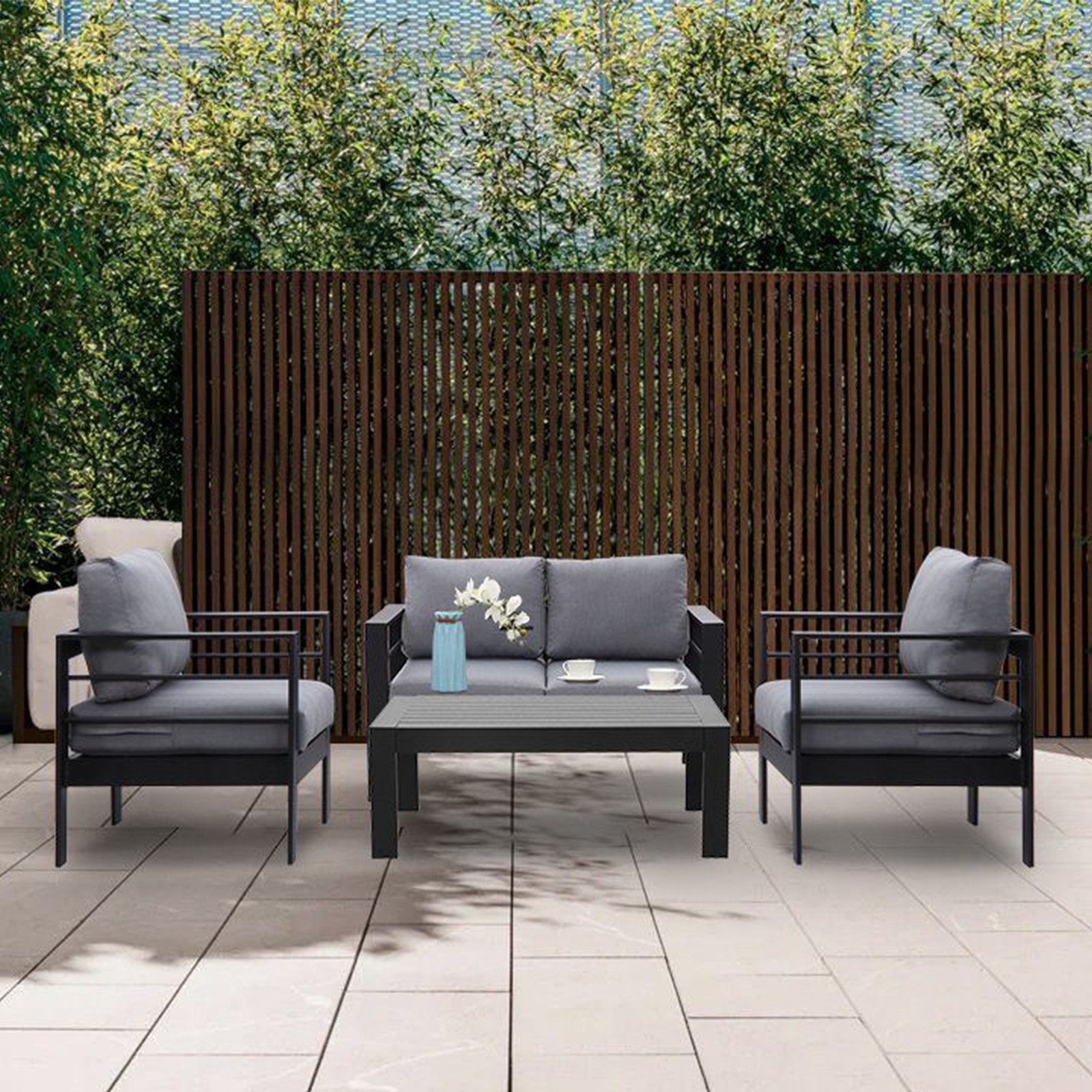 MeXo Gartenlounge-Set Gartenmöbel Set Aluminium Loungeset für Terrasse Balkon, (Set, 4-tlg., 1×2-Sitzer Sofa, 2×Sessel, 1×Tisch, 8×Auflagen), wetterfest Sitzgruppe Gartengarnitur für 3-4 Personen
