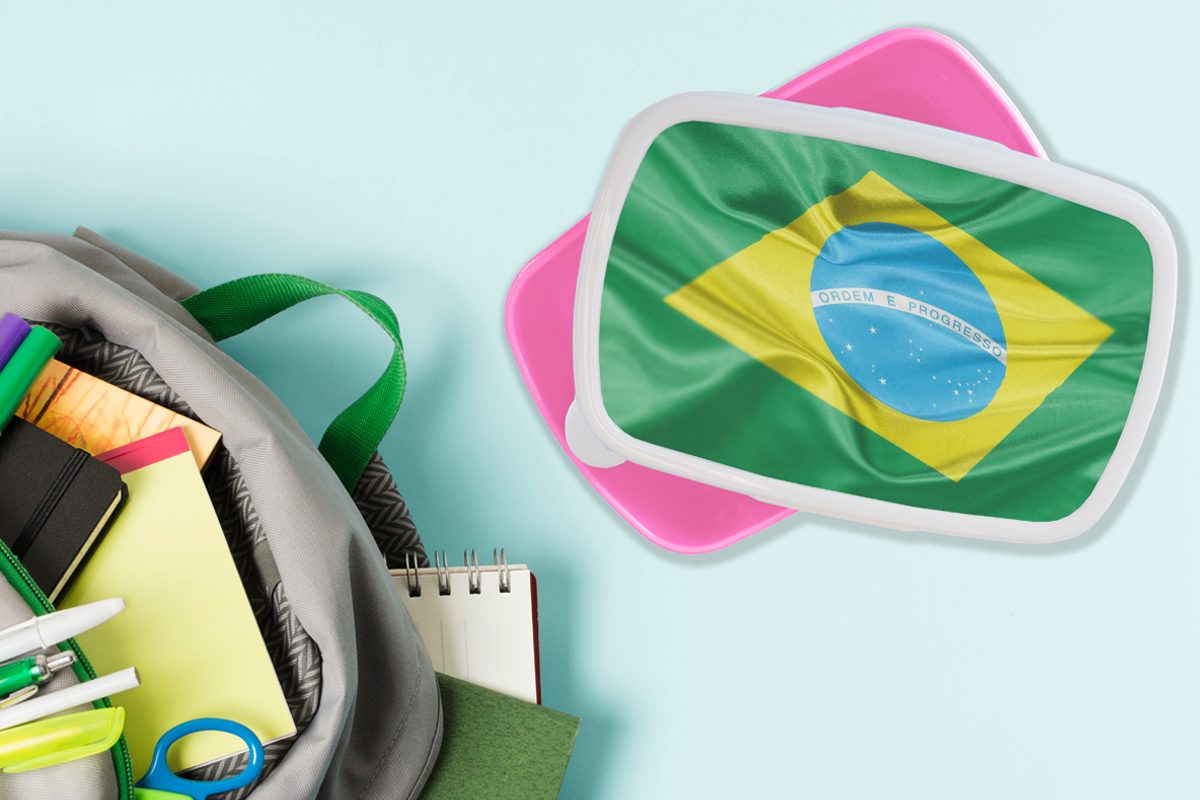 Brotdose (2-tlg), der Lunchbox für Brasilien, Erwachsene, Mädchen, Kunststoff Brotbox Kunststoff, MuchoWow Nahaufnahme Kinder, von Flagge rosa Snackbox,