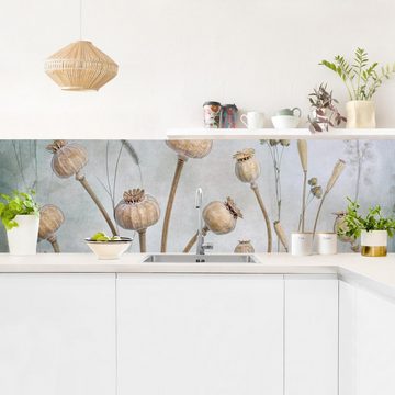 Bilderdepot24 Küchenrückwand braun dekor Blumen Kunst Vintage Landhaus Getrockneter Mohn, (1-tlg., Nischenrückwand - für Fliesenspiegel ohne Bohren - matt), Spritzschutz Rückwand Küche Herd - Folie selbstklebend versch. Größen