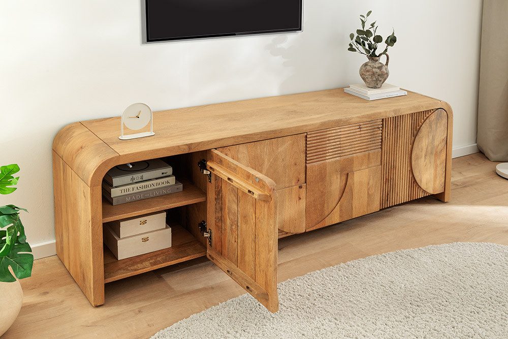 riess-ambiente Sideboard ART DECO 170cm beige - Mangoholz, Massiv, cream finish, abgerundet (Einzelartikel, 1 St), TV-Board mit 3D-Front - ideal für Wohn- & Schlafzimmer oder TV-Ecke