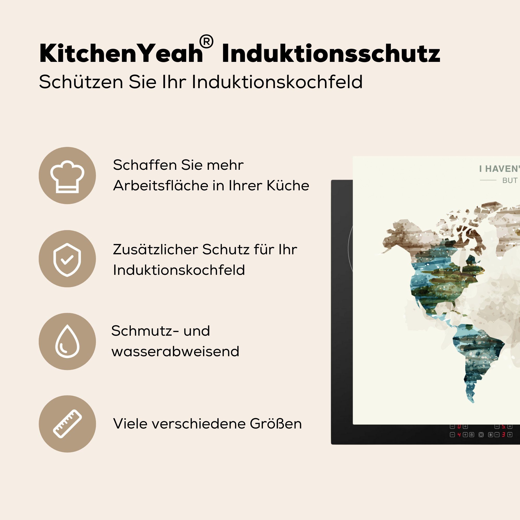 Induktionskochfeld Farbe Schutz Weltkarte - - tlg), für küche, cm, Vintage, Herdblende-/Abdeckplatte MuchoWow Vinyl, Ceranfeldabdeckung die (1 81x52
