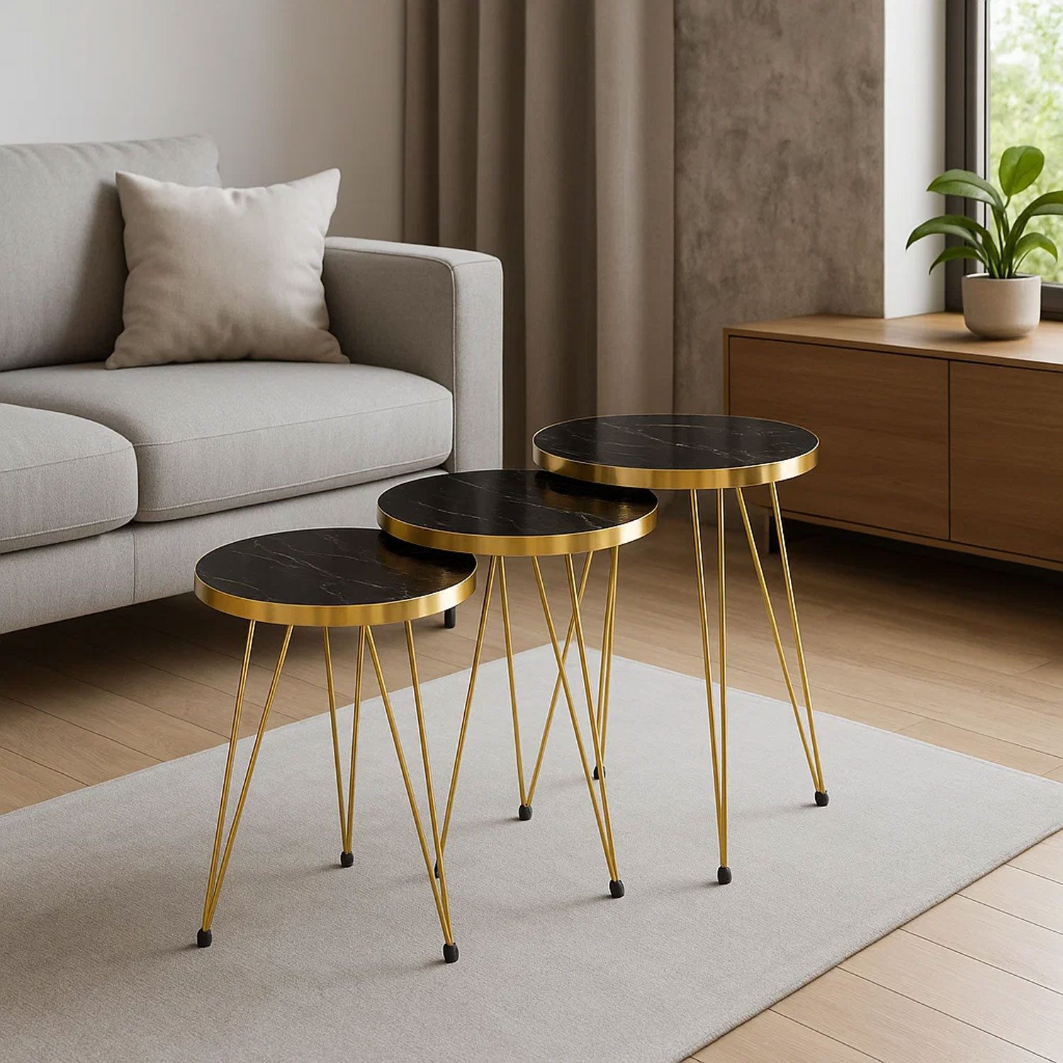 Jungengel Beistelltisch Set 3-teilig rund Marmoroptik Schwarz Gold Modern S günstig online kaufen