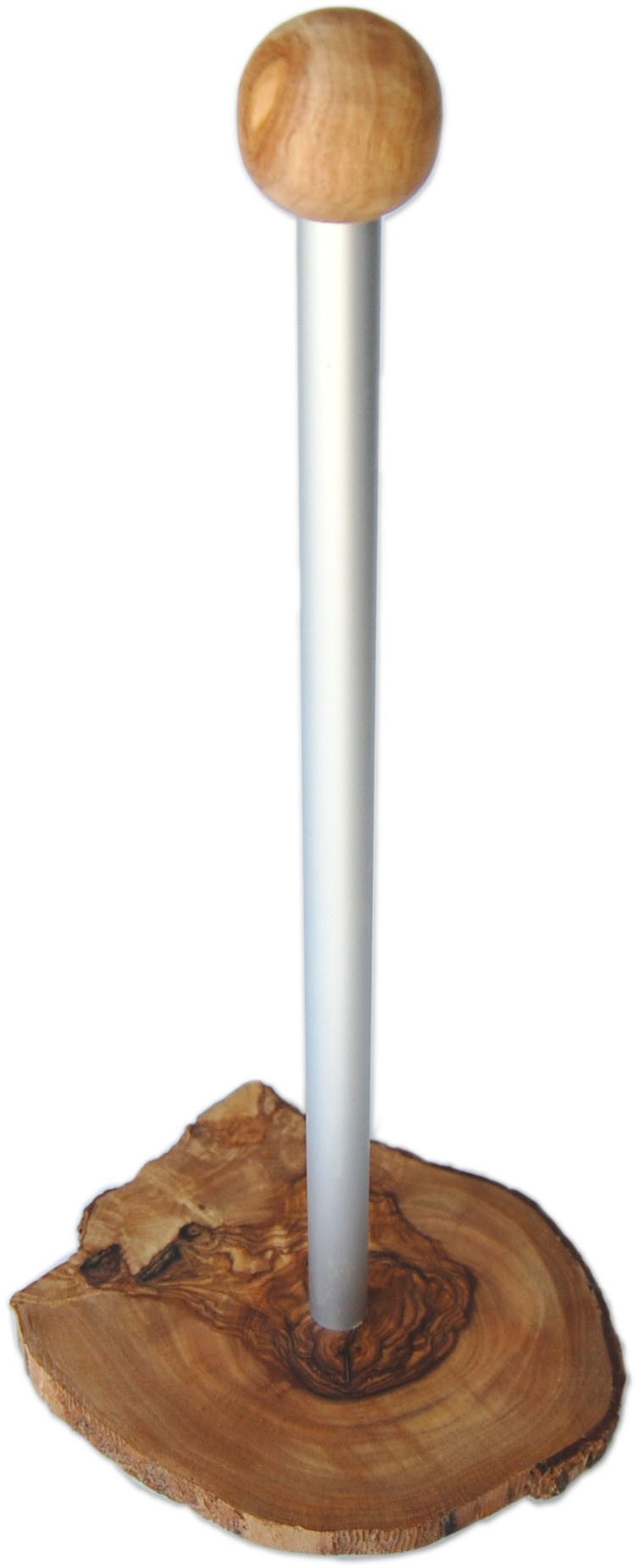 Olivenholz-erleben Küchenrollenhalter KLASSIK mit Alustange und Olivenholz, (1-St), Standsicherer Fuß aus rustikaler Olivenholzscheibe, Höhe ca. 32 cm – Bild 2 von 3