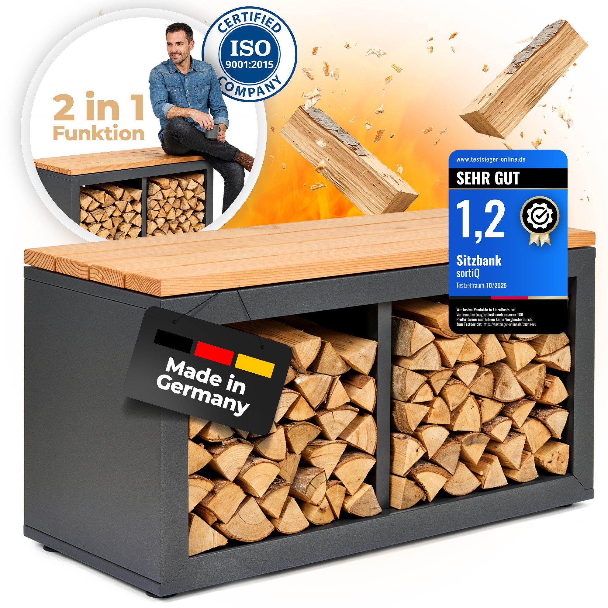 sortiQ Gartenbank - Sitzbank mit Stauraum, pulverbeschichtetes Stahlblech (Douglasie-Sitzfläche, Wetterfeste, Moderne Sitztruhe, Storage Bench, Made in Germany)