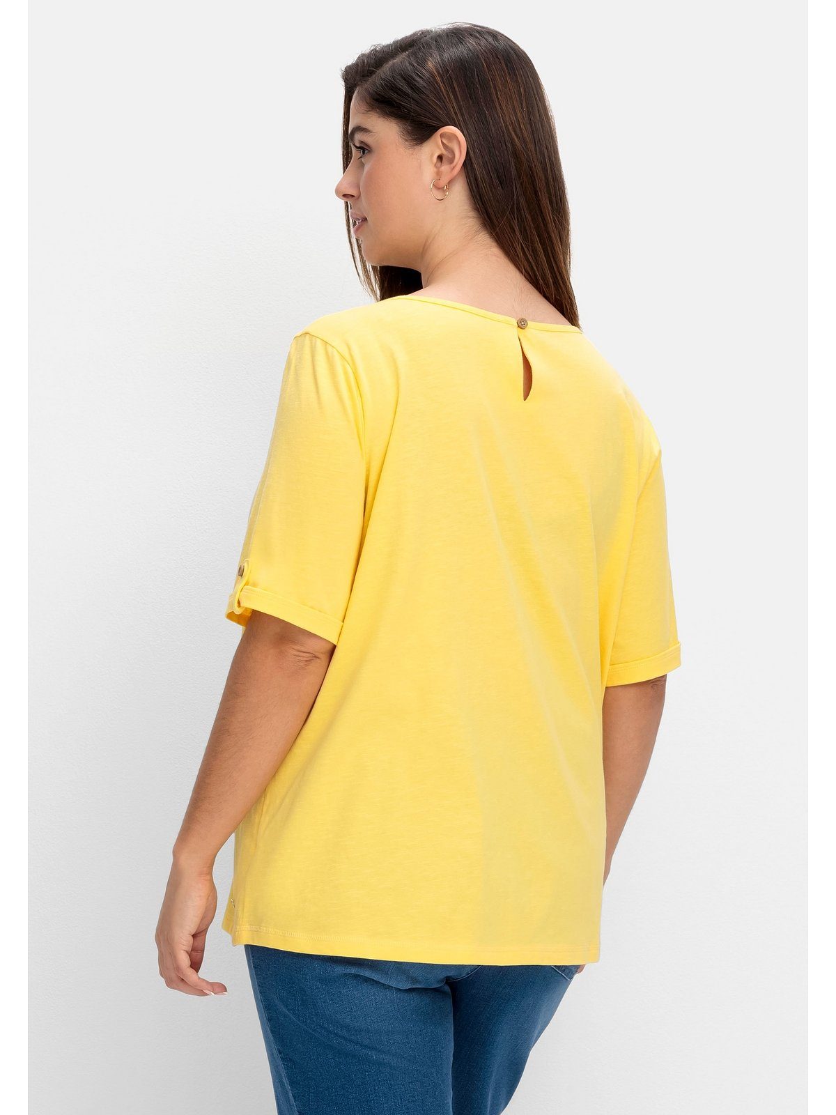 Baumwolle aus Blumen-Frontprint, Größen gelb T-Shirt mit Sheego Große