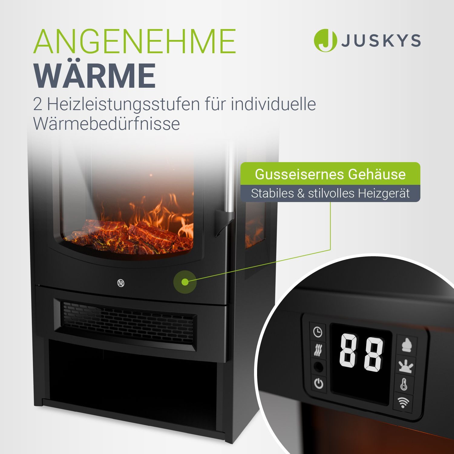 Juskys Elektrokamin, Flammeneffekte, WLAN/App-Steuerung, Heizfunktion, Fernbedienung