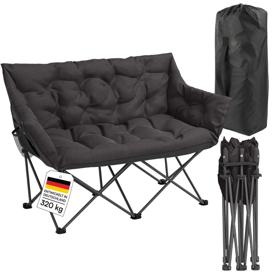 STEELSØN Campingstuhl Hoggar, Campingbank & Moonchair, Klappstuhl mit Seitentasche (schwarz, 134 cm breit), XXL Campingbank für 2 Personen, Campingsofa bis 320kg