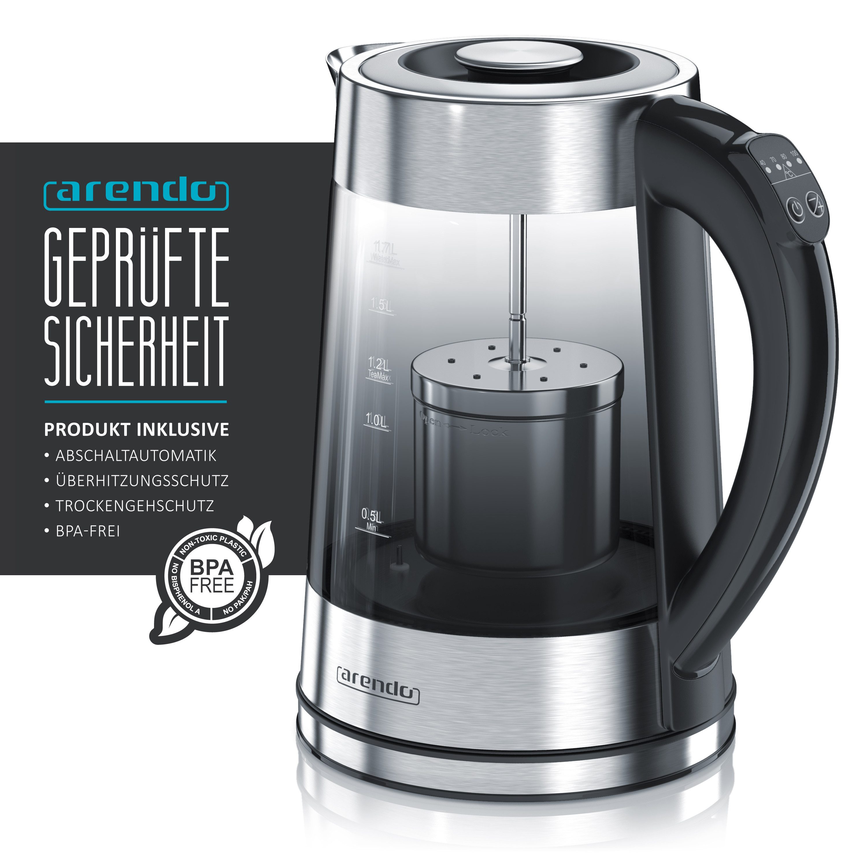 Arendo Wasserkocher Glas & Edelstahl, Temperatureinstellung, Teesieb, Rauchglas, Teekocher, 1,7 l, 2200 W, Temperaturwahl 40° C - 100° C, Abschaltautomatik, War – Bild 2 von 5