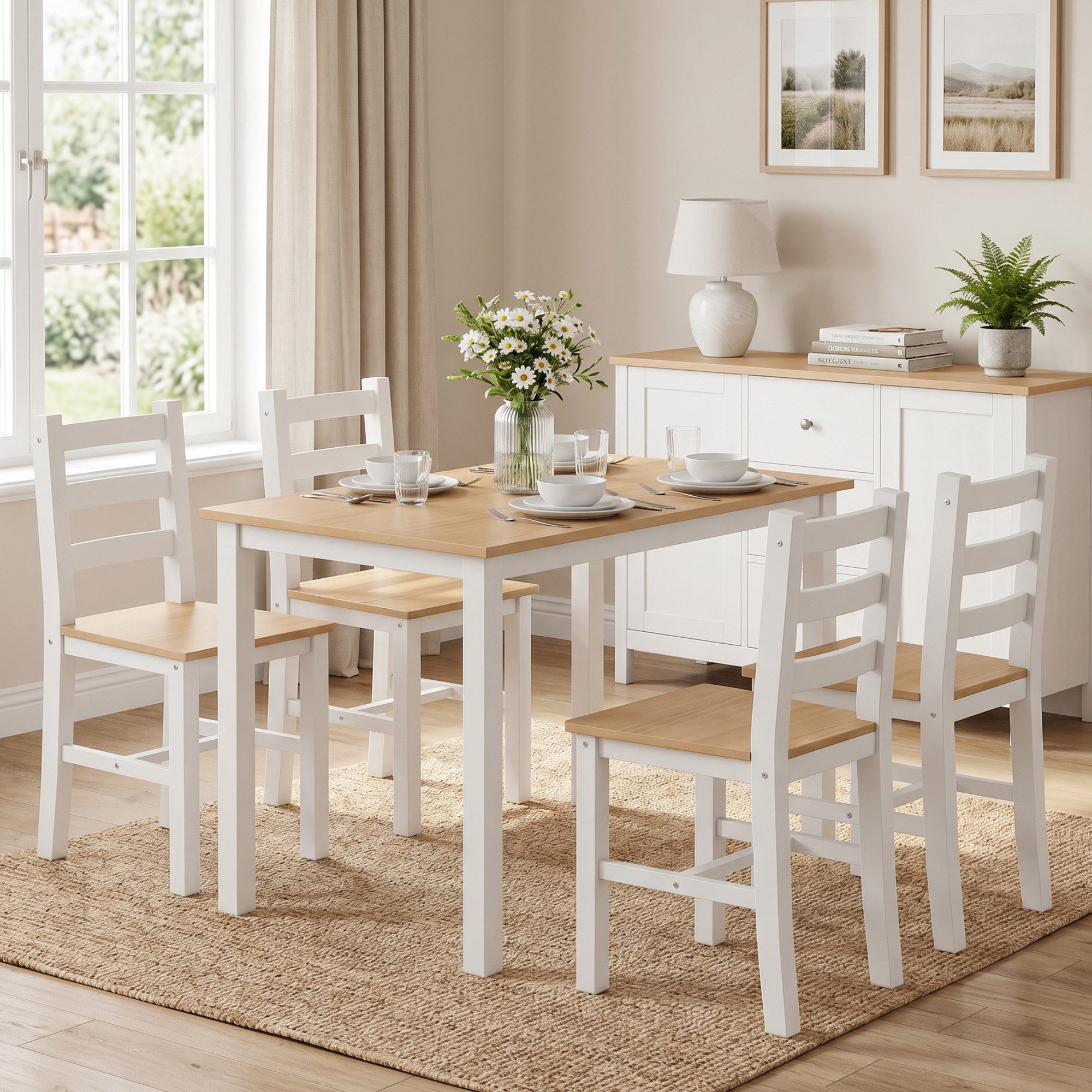 HOMCOM Essgruppe Esstisch mit 4 Stühlen aus Massivholz, (Set, 5-tlg., 1 Tisch, 4 Stühle), Platzsparendes Set, Stühle unterschiebbar