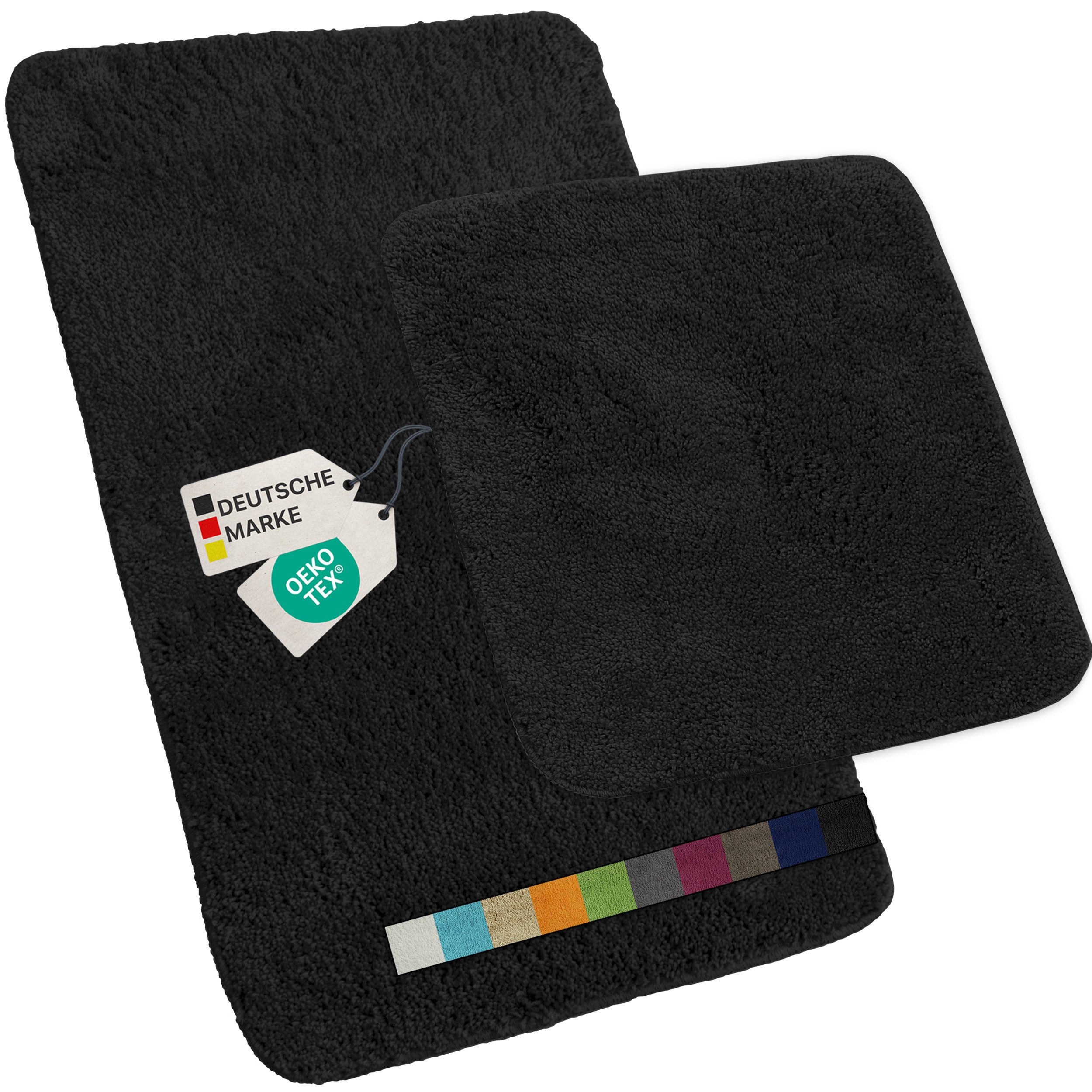 NYVI Badematte Badematten Set 2 teilig NYVISpa Lasalle Schwarz Badezimmerteppich Set, Höhe 20 mm, Polyester, Badematte 50x80cm + WC Vorleger ohne Ausschnitt, Rutschfest & Waschbar
