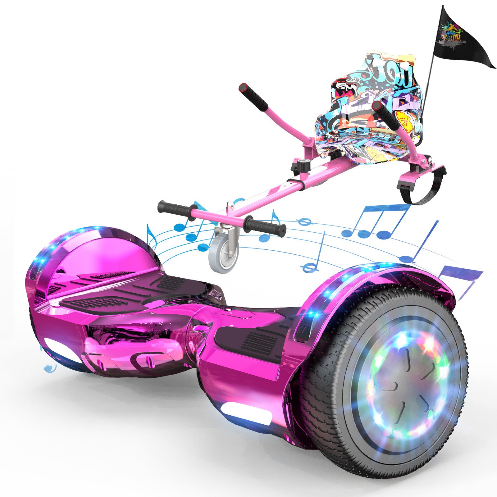 EVERCROSS TECH Balance Scooter Kart 6.5” Hoverboard mit Sitz, Leuchtende Reifen, Bluetooth-Musik, LED-Lichter, bis zu 10-15 km, Geschenke für Kinder