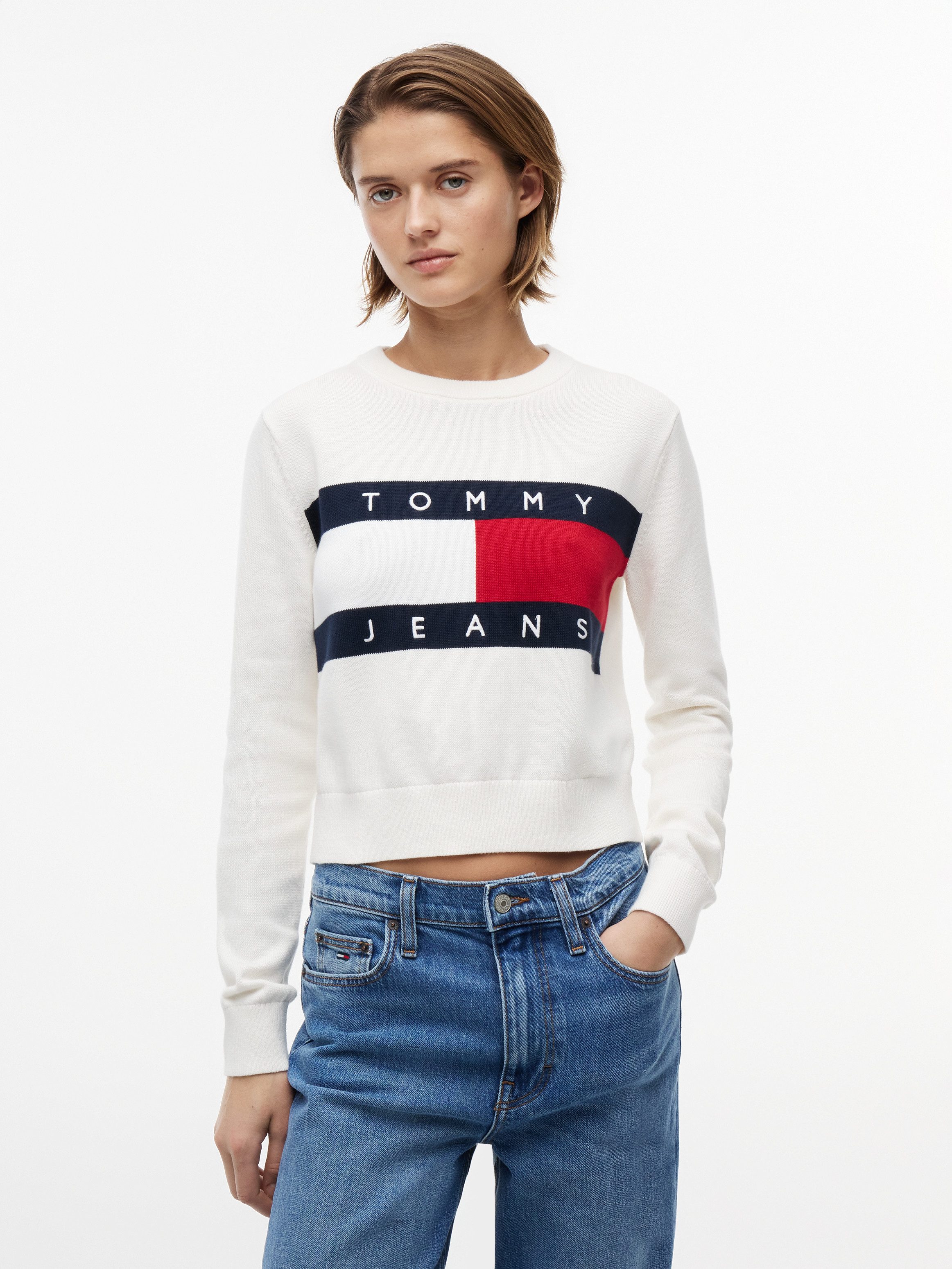 Tommy Jeans Rundhalspullover TJW FLAG CREW NECK SWEATER EXT Baumwolle, Flag Strickmuster