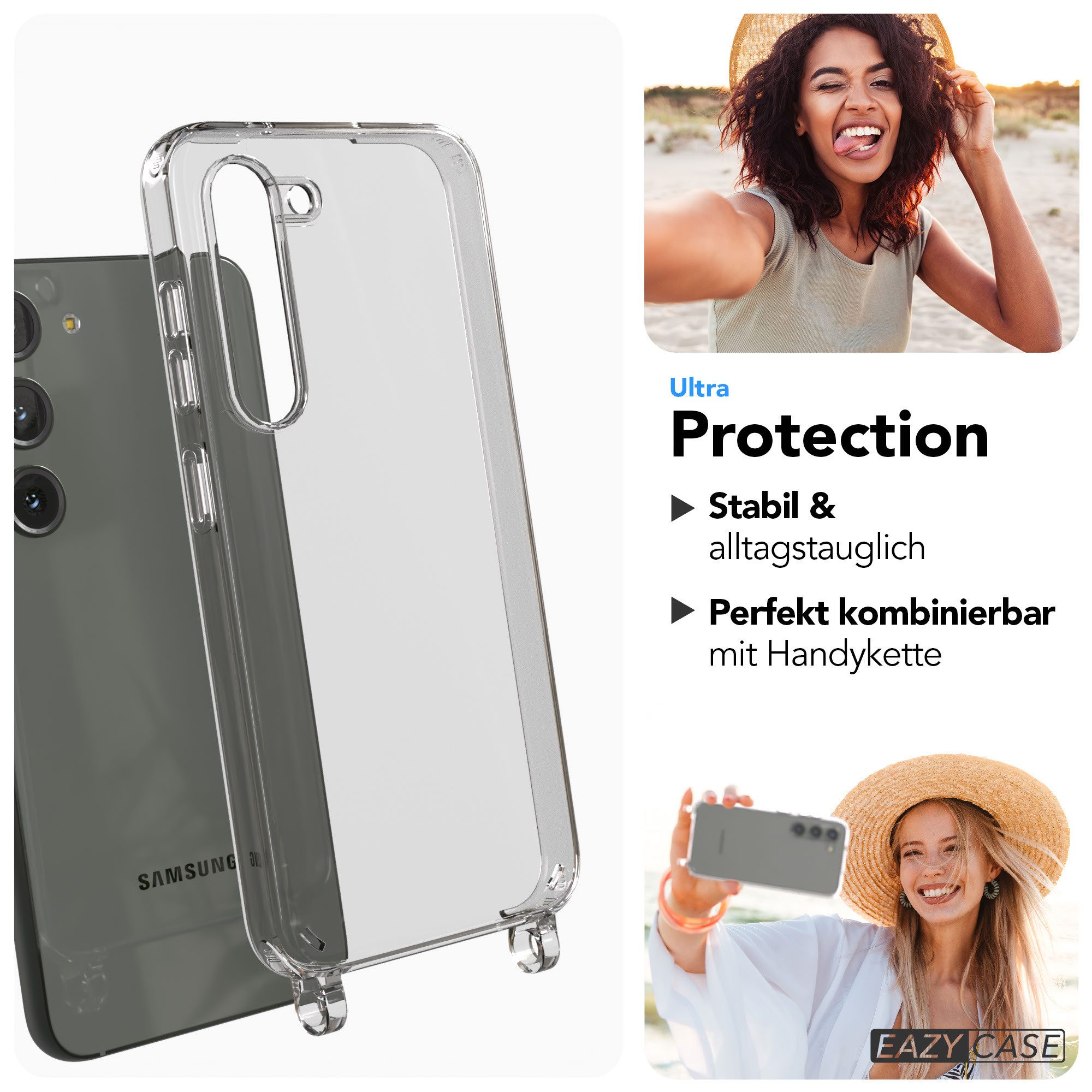 EAZY CASE Handykette Handyhülle für Handyketten mit Befestigungsösen für Samsung Modelle 6,1 Zoll, Hülle für Handykette, Transparent mit Ösen für Samsung Galaxy S23