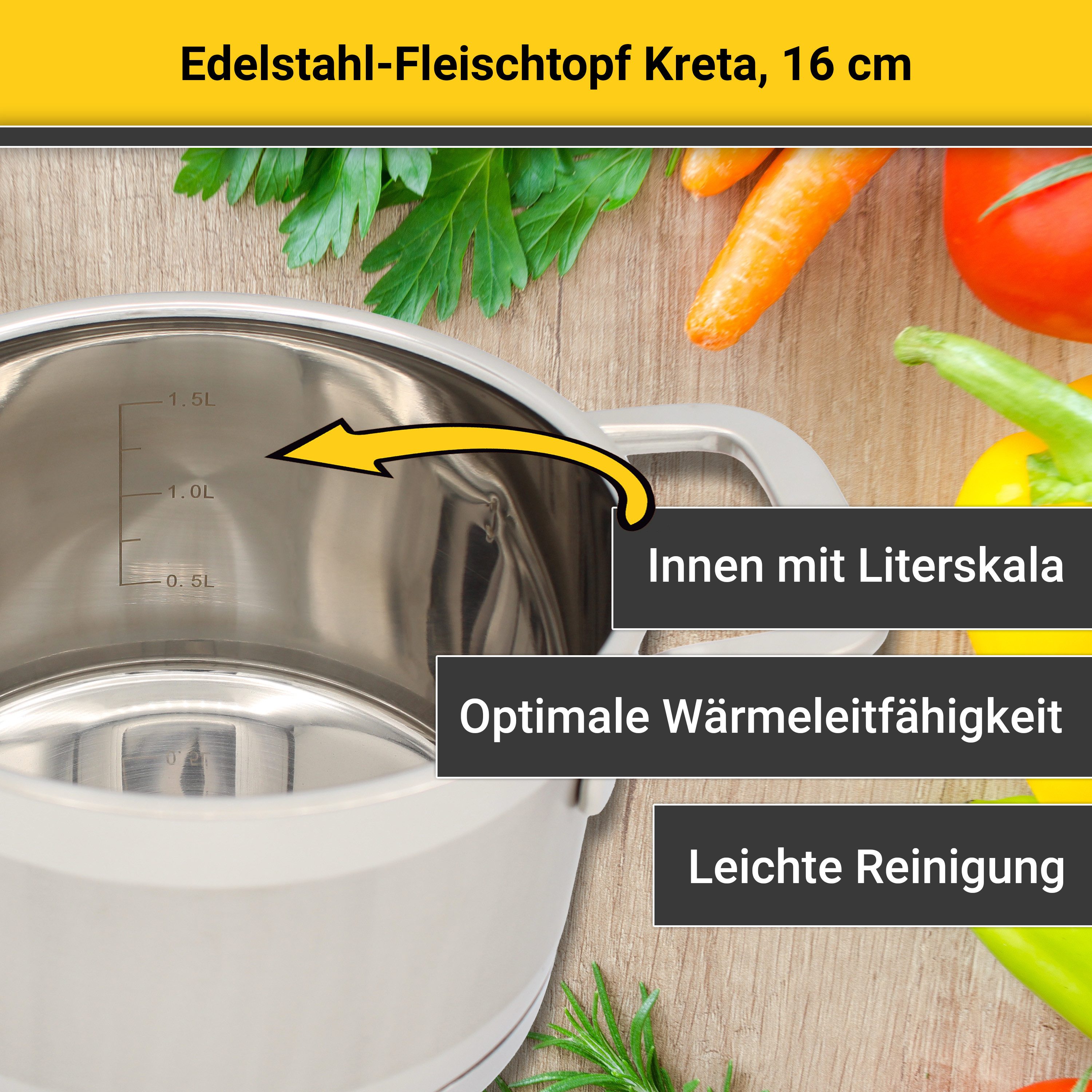 Krüger Fleischtopf Kreta, Edelstahl 18/10 (2-tlg), mit Edelstahldeckel, für Induktions-Kochfelder geeignet