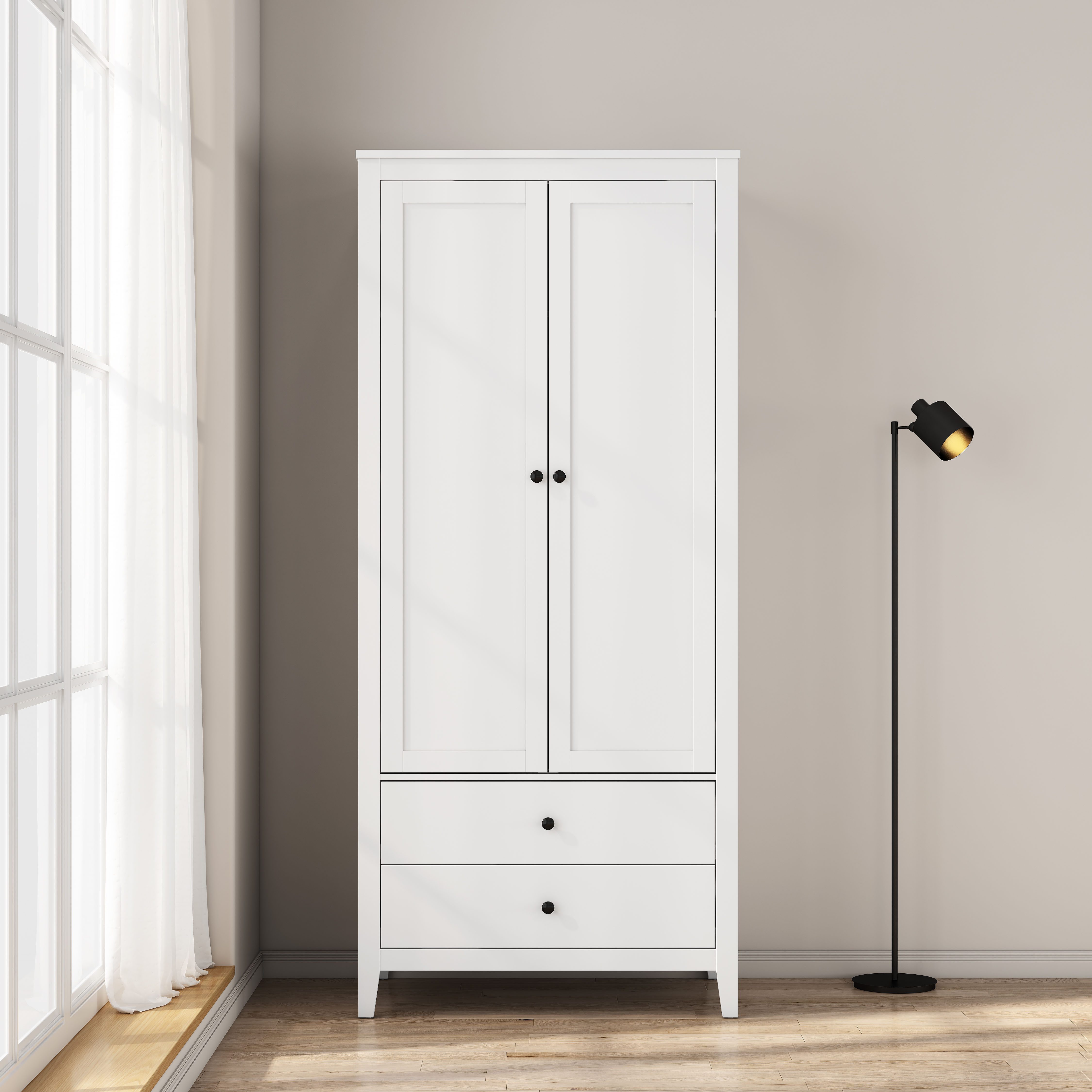 OTTO home Kleiderschrank Borkum Sideboard Anrichte mit 6 Schubladen Landhaus weiß (hochwertige schwarze Griffe aus Metall) Schlafzimmerschrank mit 2 Türen und 2 Schubladen