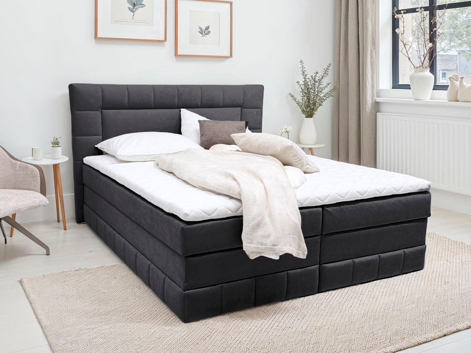 OTTO home Boxbett PHILIPPA, Polsterbett mit Bettkasten, mit Taschenfederkernmatratze H3 (Komfortliegehöhe: 64cm), mit Kaltschaum-Topper, Microfaser-Bezug, wahlweise mit LED-Beleuchtung