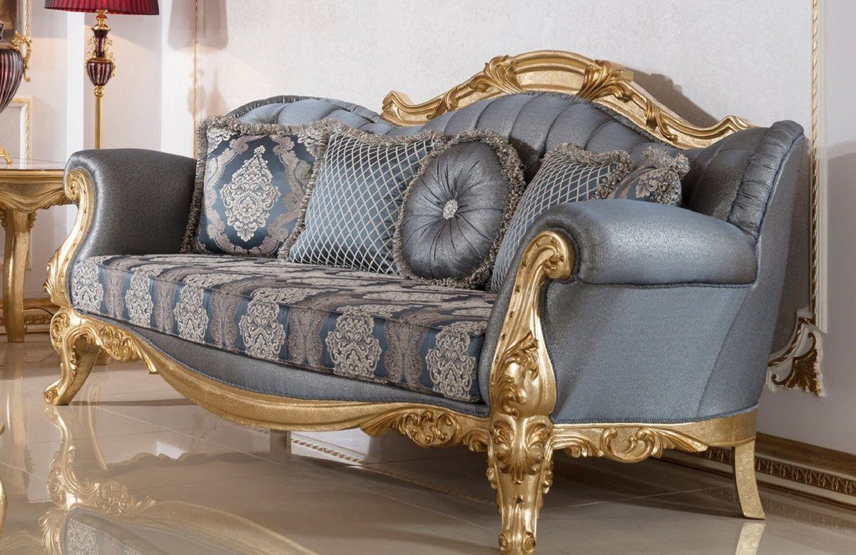 Casa Padrino Sofa Luxus Barock Sofa Blau / Gold - Handgefertigtes Barockstil Wohnzimmer Sofa mit elegantem Muster - Barock Wohnzimmer Möbel - Edel & Prunkvoll