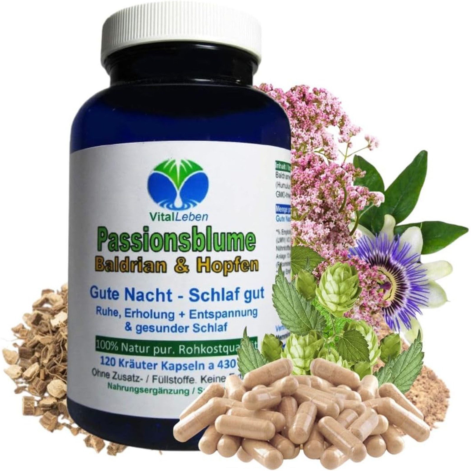 VitalLeben Baldrian Hopfen Passionsblume Pflanzen-Komplex für die Abendruhe Kapseln, 1 er Dose à 120 St., 51,6 g, Art. 26690-120