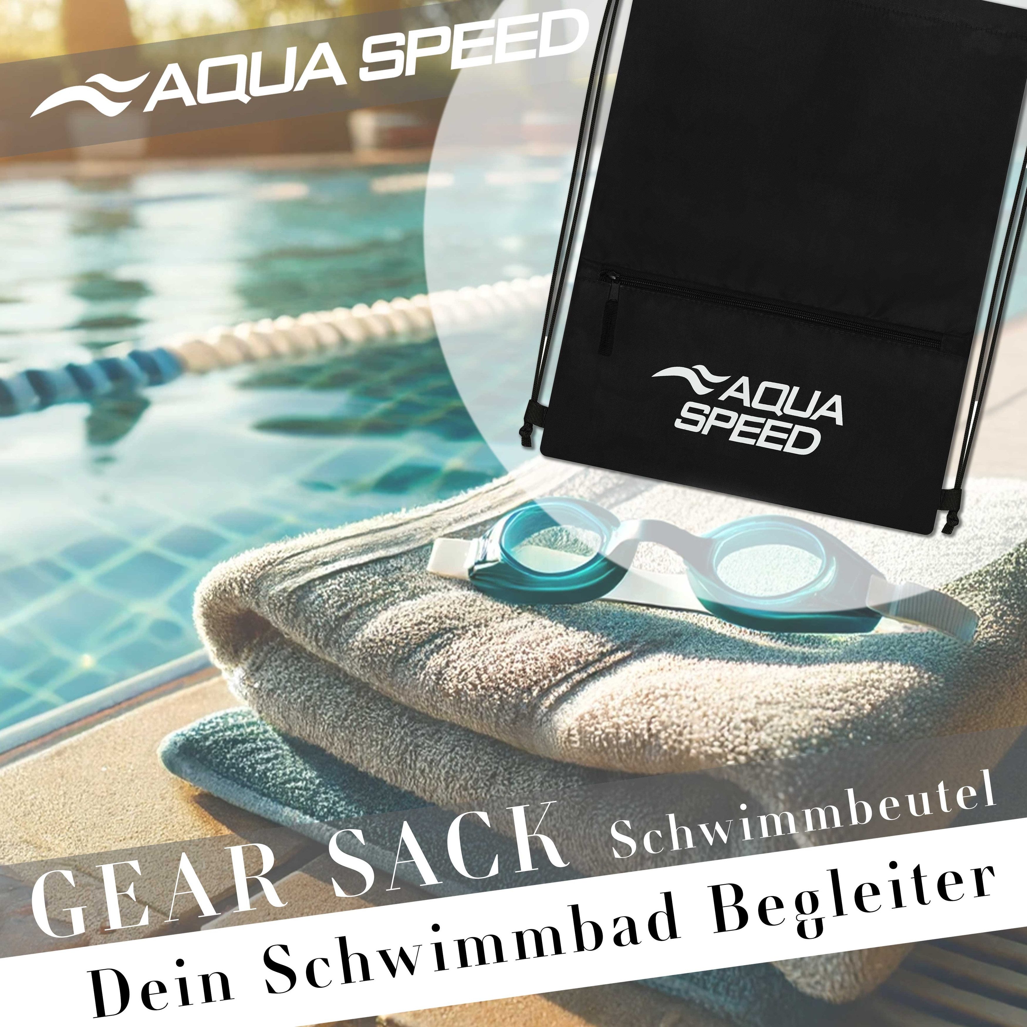 Aqua Speed Turnbeutel GEAR SACK ZIP Sportbeutel 16L Schwimmbeutel schwarz (Sporttasche 16 Liter chlorbeständig mit Reißverschlussfach), Mit Reißverschlussfach für Schlüssel & kleine Wertsachen