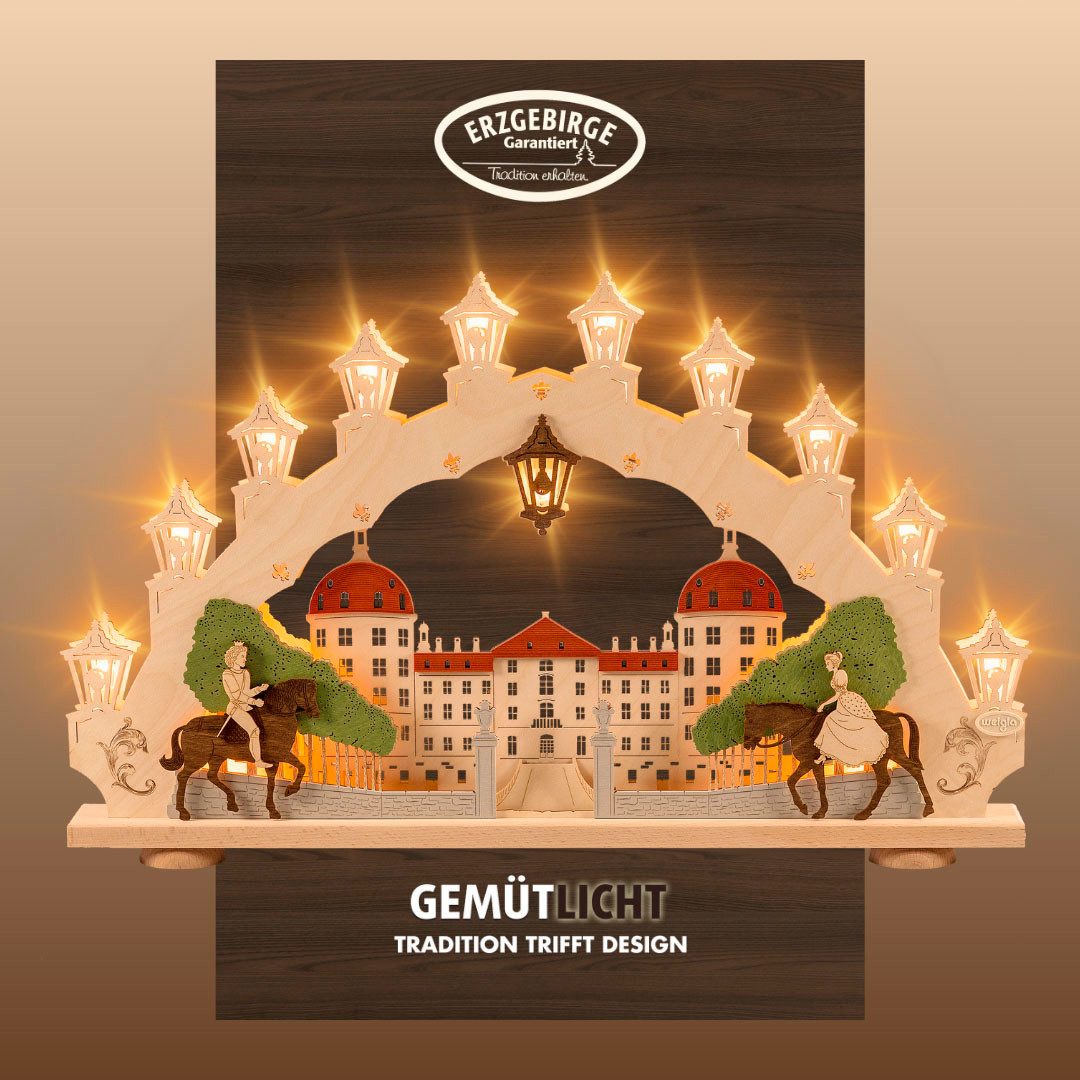 Weigla LED Schwibbogen Moritzburg, Lichterbogen aus Holz, Made in Germany (1-tlg), Erzgebirge garantiert, Weihnachtsdeko Innen, Weihnachtsbeleuchtung