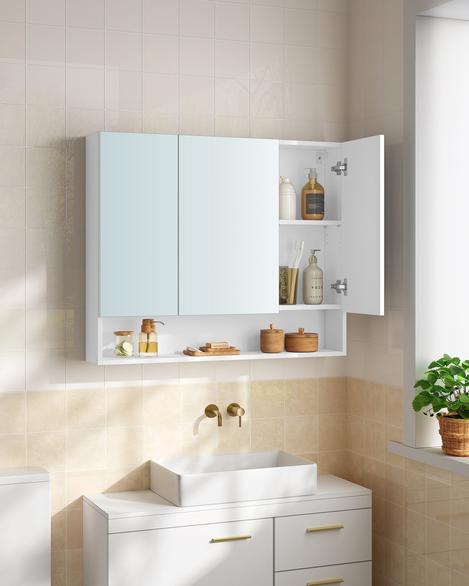 VASAGLE Spiegelschrank Badschrank Breite 70-90cm, mit 3 Türen, offenes Fach, verstellbare Ablagen