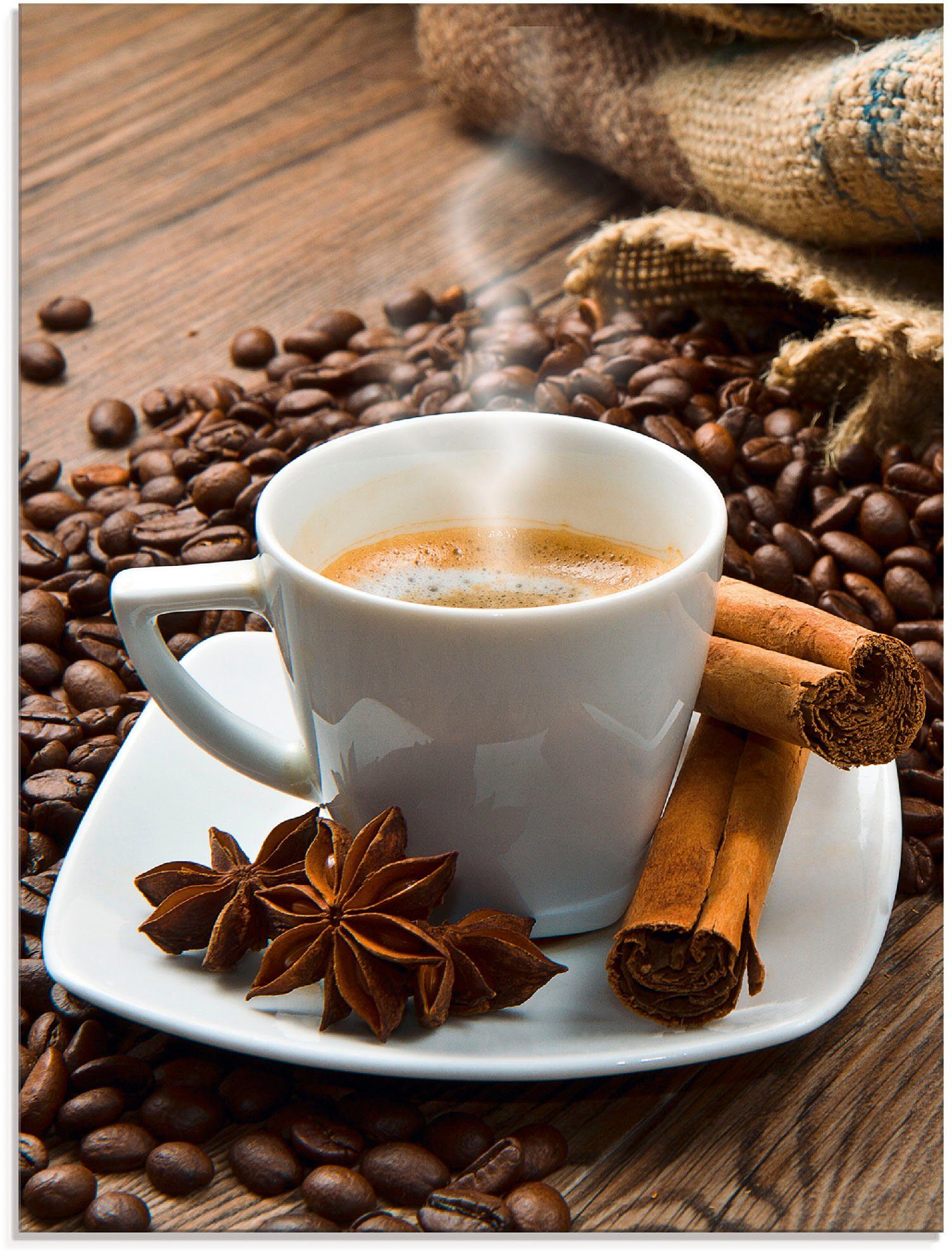 Artland Glasbild Kaffeetasse Leinensack mit Kaffeebohnen, günstig online kaufen