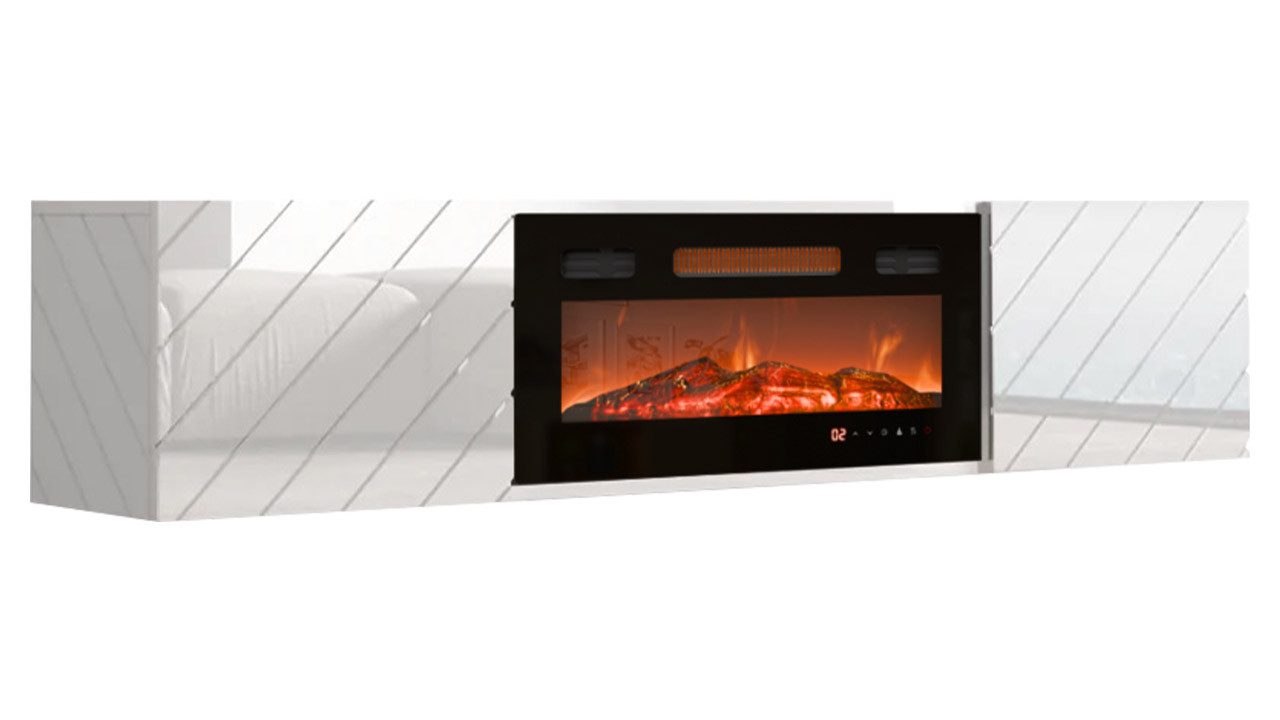 MIRJAN24 TV-Schrank Luxe (mit zwei Drehtüren, Elektrische Kamin) Realistische LED-Flamme, Gehärtetes Glas, 183x35x38 cm