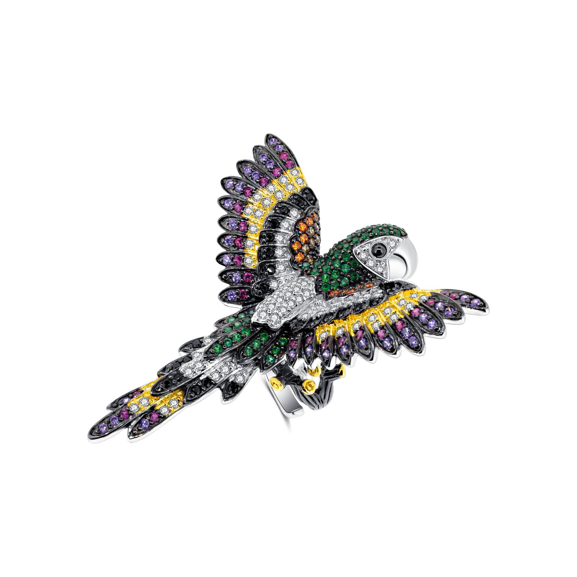 Seinerzeit FLORA & FAUNA Silberring Falco Papageien Ring (1-tlg), Material: 925 Sterling Silber, rhodiniert, geschwärzt, vergoldet