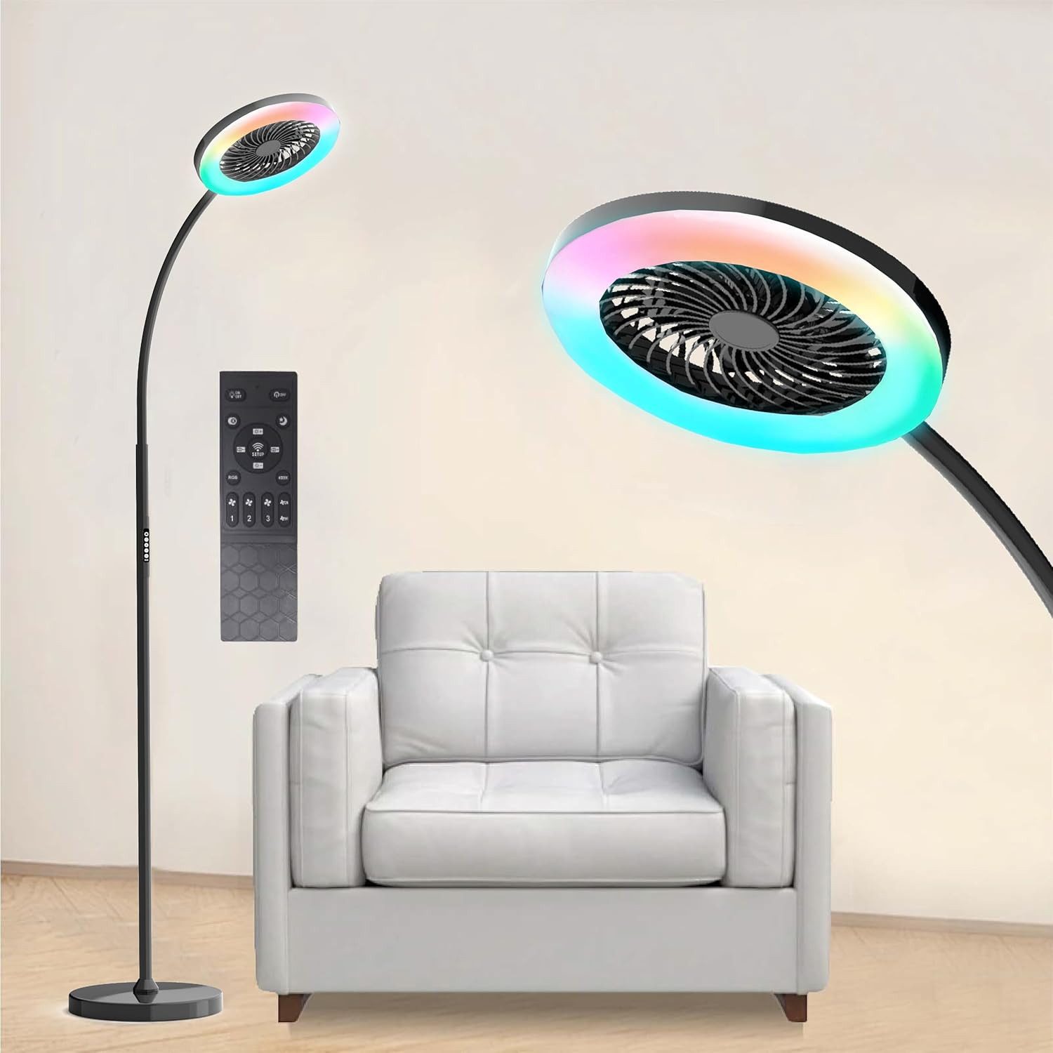 Sunicol Standventilator Stehlampe mit Ventilator, 5%-100% Dimmbare Helligkeit, Fernbedienung, Drei Windgeschwindigkeiten, Flexibler Schwanenhals, RGB, 3000K-6500K