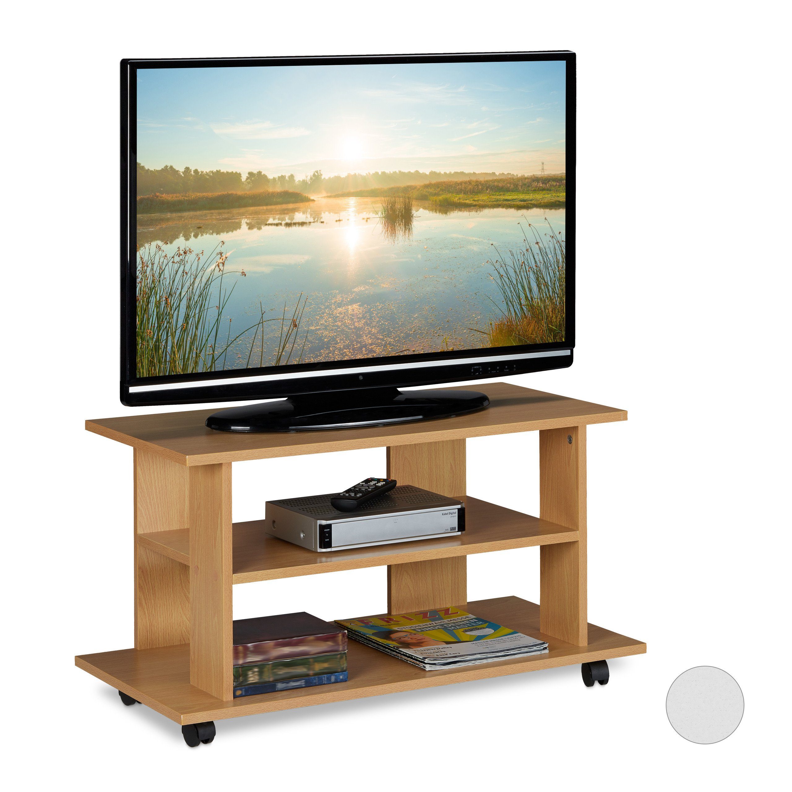 relaxdays TV-Regal TV Board fahrbar, Holzoptik Hellbraun | natur