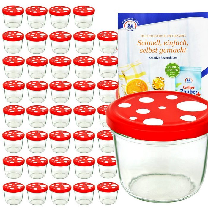 MamboCat Einmachglas 40er Set Sturzglas 230 ml Fliegenpilz rot weiß gepunkteter Deckel inkl. Diamant Gelierzauber Rezeptheft