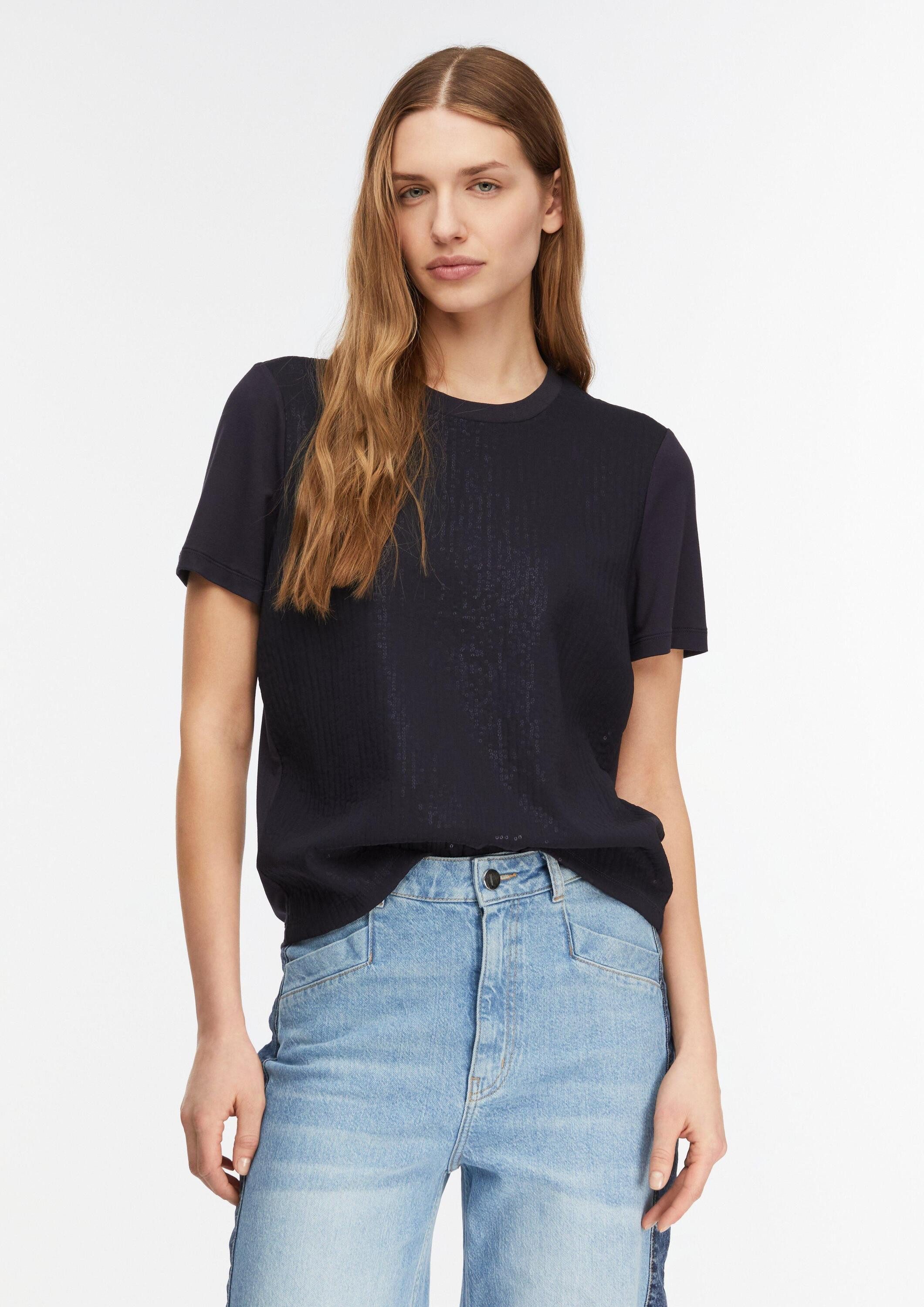 comma Kurzarmshirt T-Shirt T-Shirt im Materialmix mit Pailletten