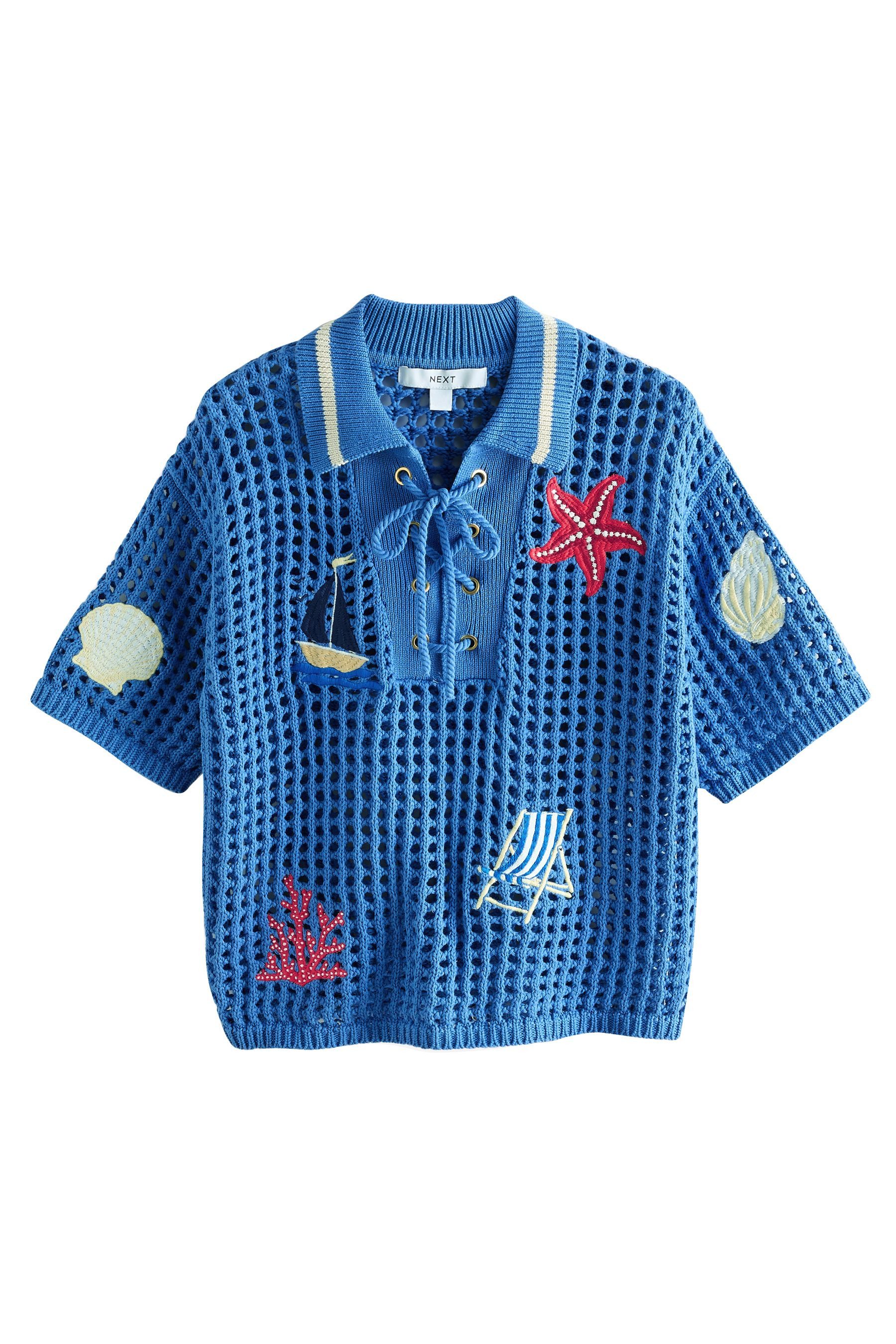 Next Poloshirt Geschnürtes Polo-Oberteil mit Print, Mesh + Strick (1-tlg)