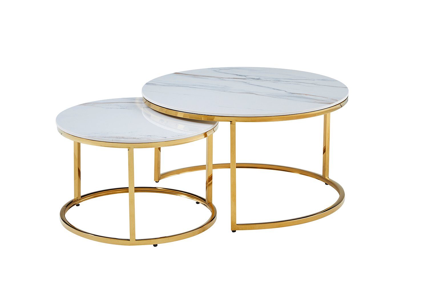 König der Möbel Couchtisch 2er Set Weiß Runder geschachtelter Beistelltisch (Tischplatte aus Kunstmarmor), 2 in 1 Verschachtelung Kaffeetisch mit Marmormuster