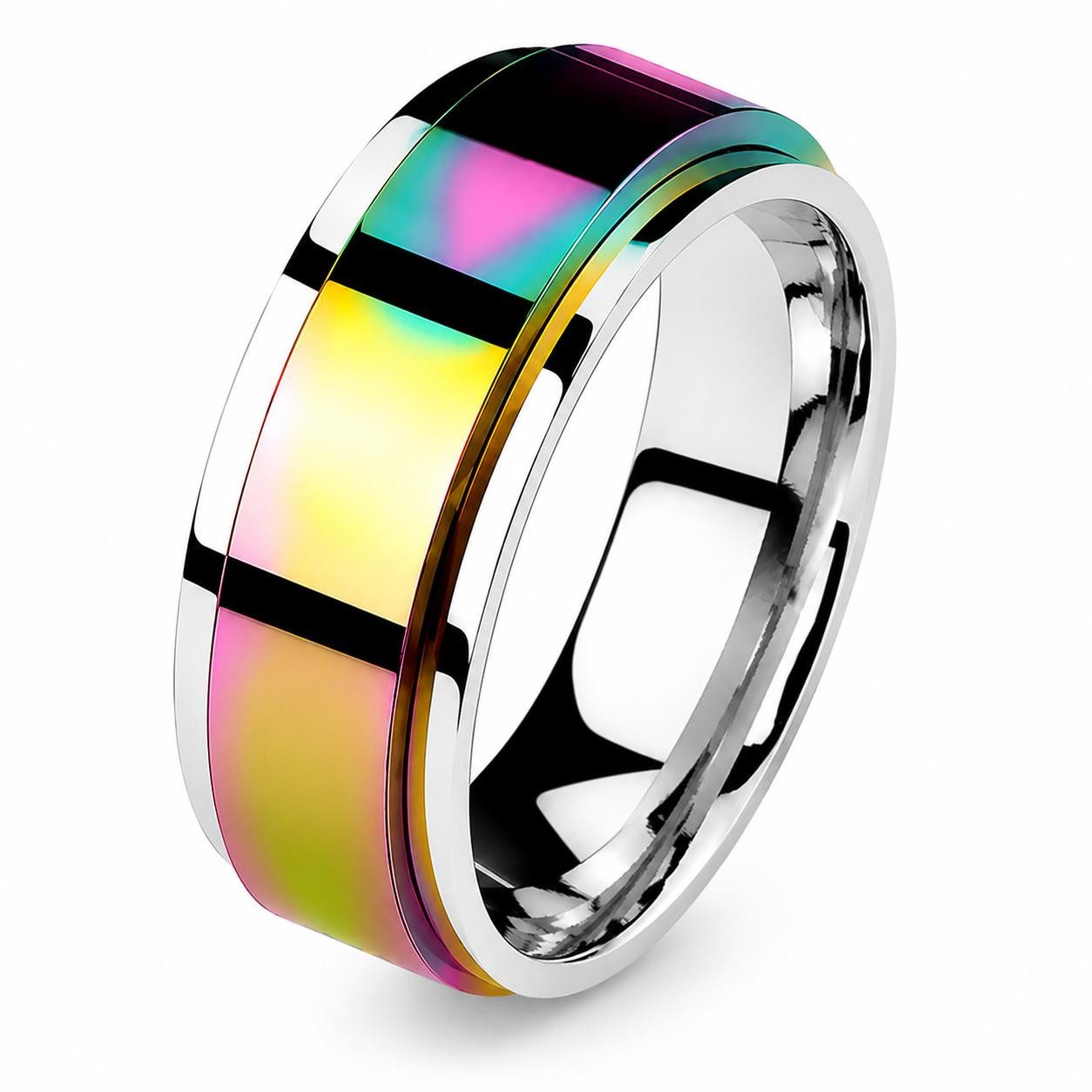 Taffstyle Fingerring Spinner Ring Edelstahl drehbar Anti Stress Ring Rainbow Inlay Unisex (Drehbarer Edelstahlring mit Rainbow-Inlay für entspannendes Drehen und modernes Design), Band Ring Herrenring Damenring Partnerring Trauring