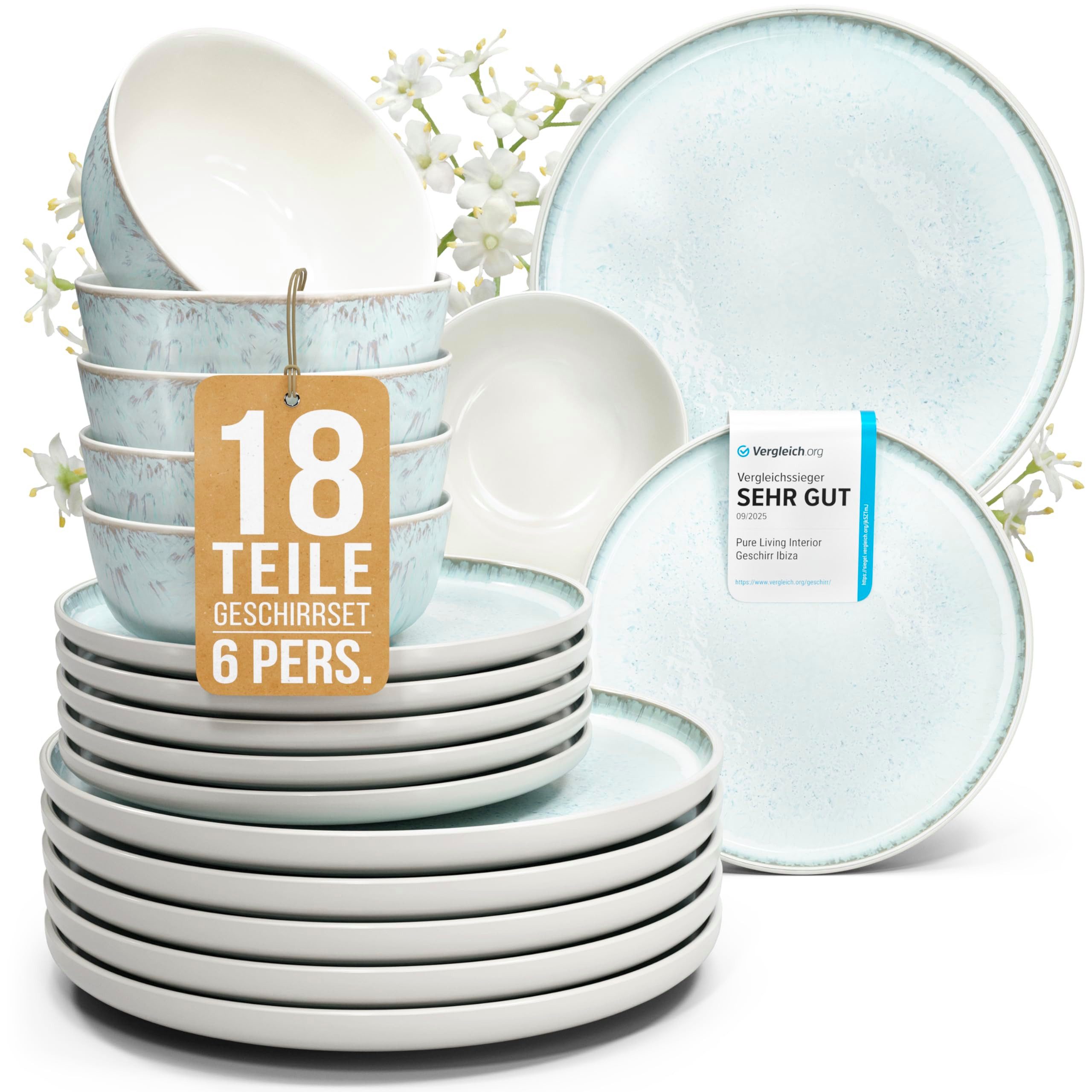 PURE LIVING INTERIOR DESIGN Steingut Geschirrset 6 Personen Ibiza 18 tlg. TESTSIEGER, Traumhaftes (18-tlg), 6 Personen, Steingut, Mediterrane Handwerksoptik, Reaktive Glasur – jedes Stück einzigartig…